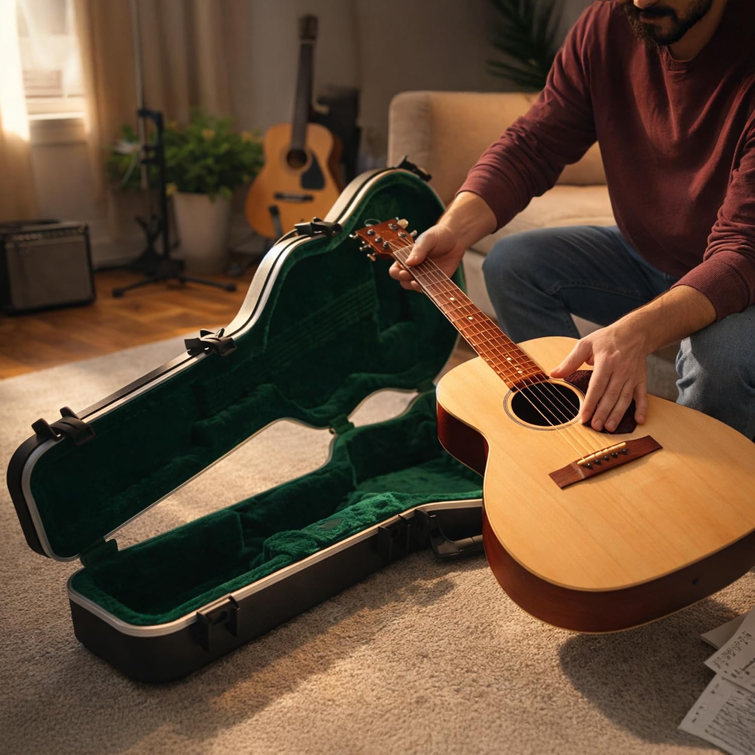 SKB Hardshell Travel Case for Martin 000 Acoustic Guitars, Molded In Bumpers for Protection, Plush Lined Interior and TSA Latches