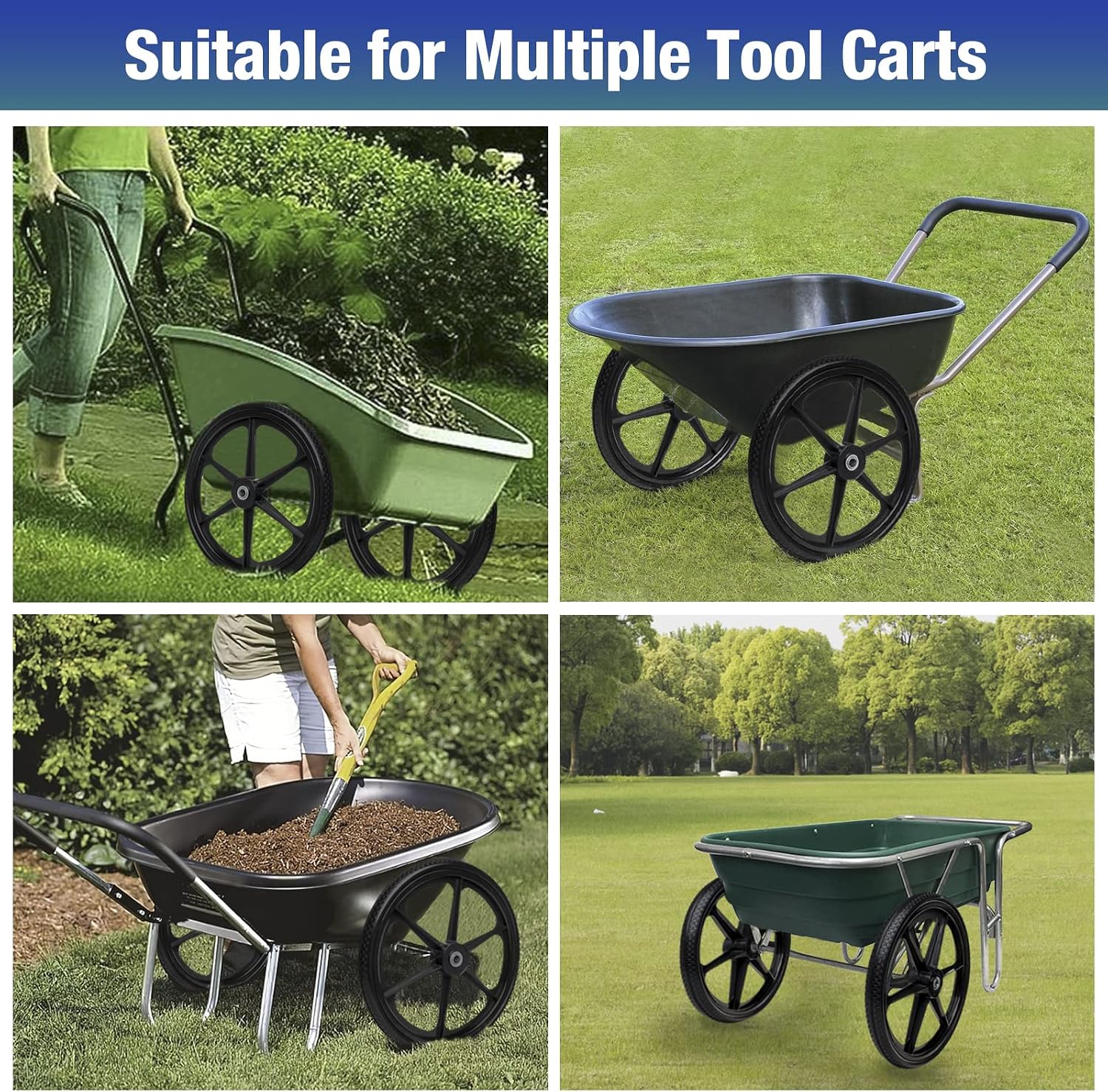 20" Flat Free Wheelbarrow Tires with 4Pcs 5/8" Bearing, Pu Flat Free Wheels Compatible with 2.44" Centered Hub for rubber-maid Garden Carts