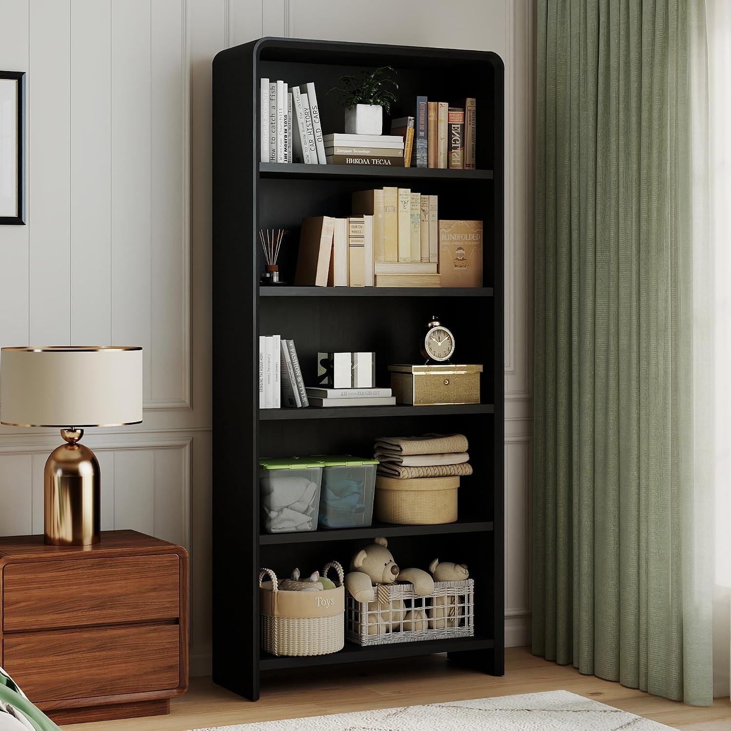 Bevfint 44" Bookcase Tall 3 Shelves Wood Bookshelf with Curved Soft Edges, Heavy Duty Storage Cabinet for Professional Home Office and Living Room, Modern Natural Oak Grain Finish