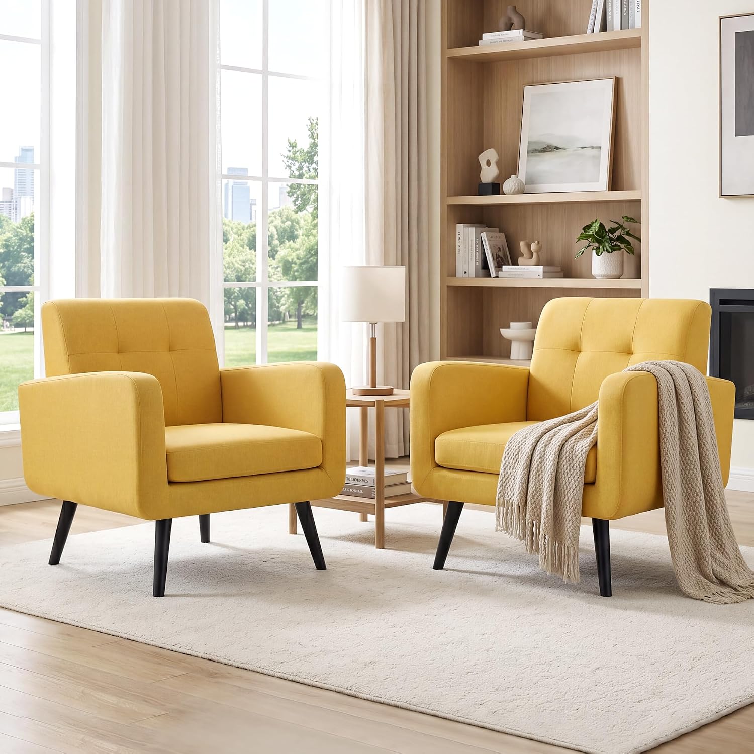 LSSPAID Modern Accent Chairs, Upholstered Fabric Cozy Armchairs, Living Room Side Chair with Solid Wood Legs, Blue