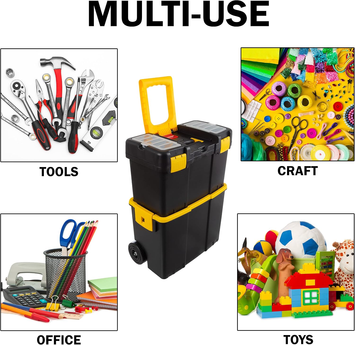 Portable Tool Box on Wheels - Stackable 3-in-1 Chest for Workshops and Craft Rooms - Foldable Comfort Handle and Latches by Stalwart (Black/Yellow)