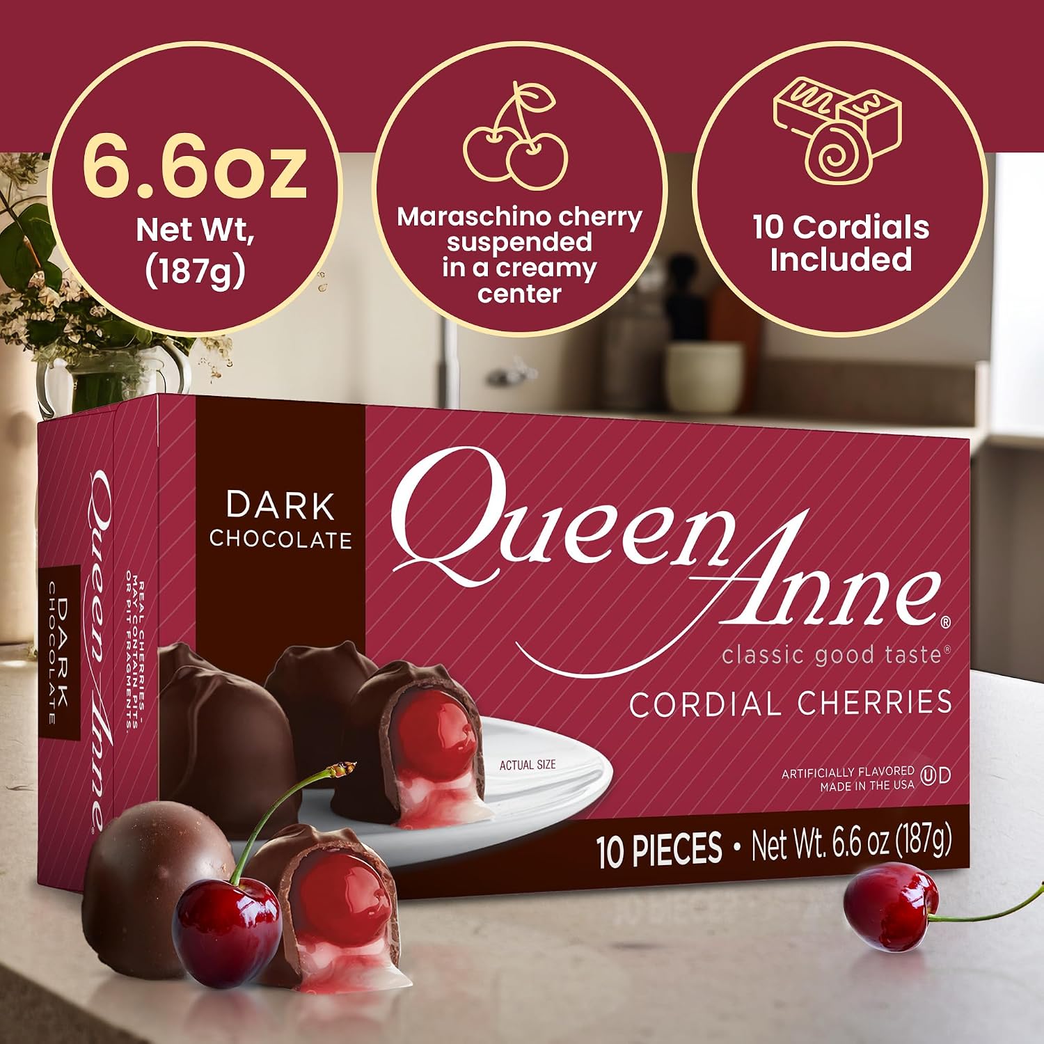 Queen Anne French Vanilla Chocolate Covered Cordial Cherries | 6.6 oz | 10 Piece Gift Boxes | Whole Maraschino Cherry Creamy Filled Liquid Center | Holiday Party Chocolate Candy