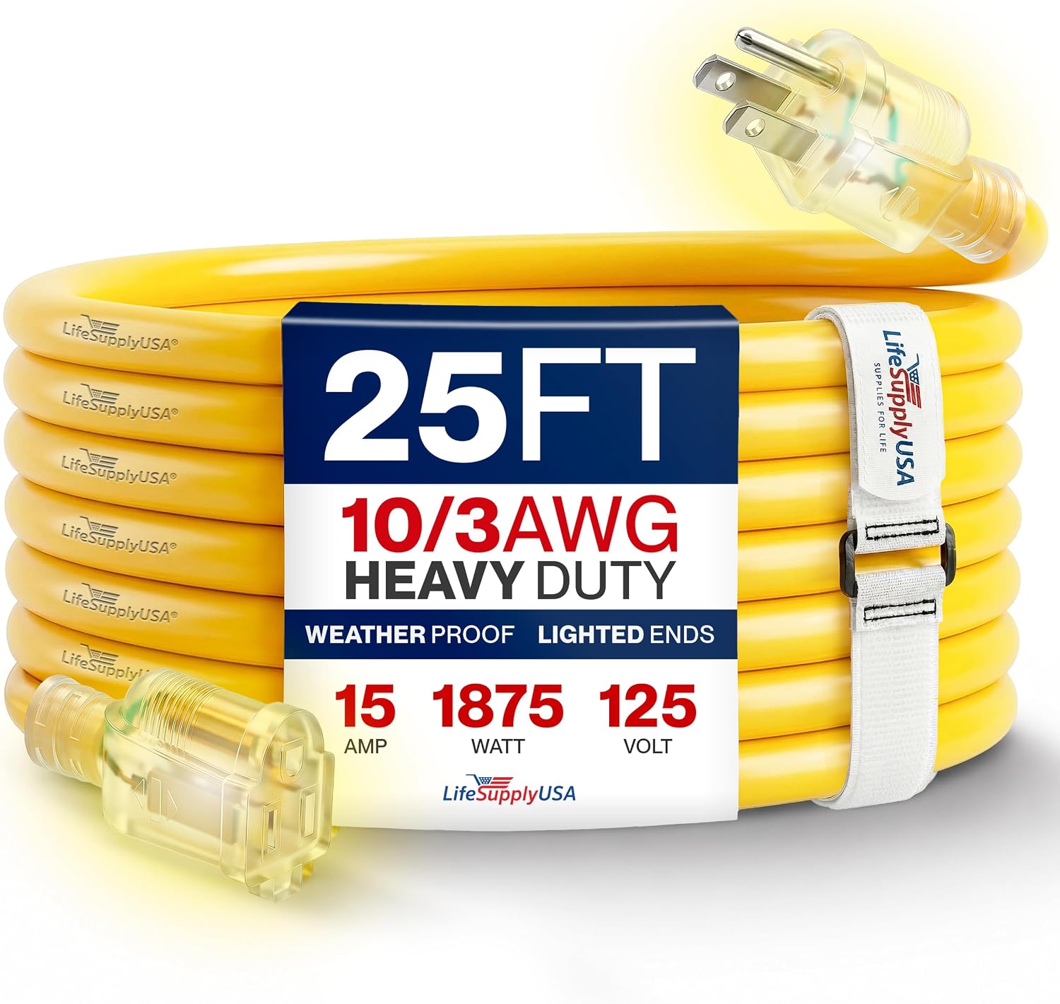 25ft Outdoor/Indoor Extension Cord 12/3 Gauge Extra Heavy Duty 3 Prong SJTW, Waterproof, Flexible Cold-Resistant Long Power Cord,15A 125V 1875W, Yellow by LifeSupplyUSA