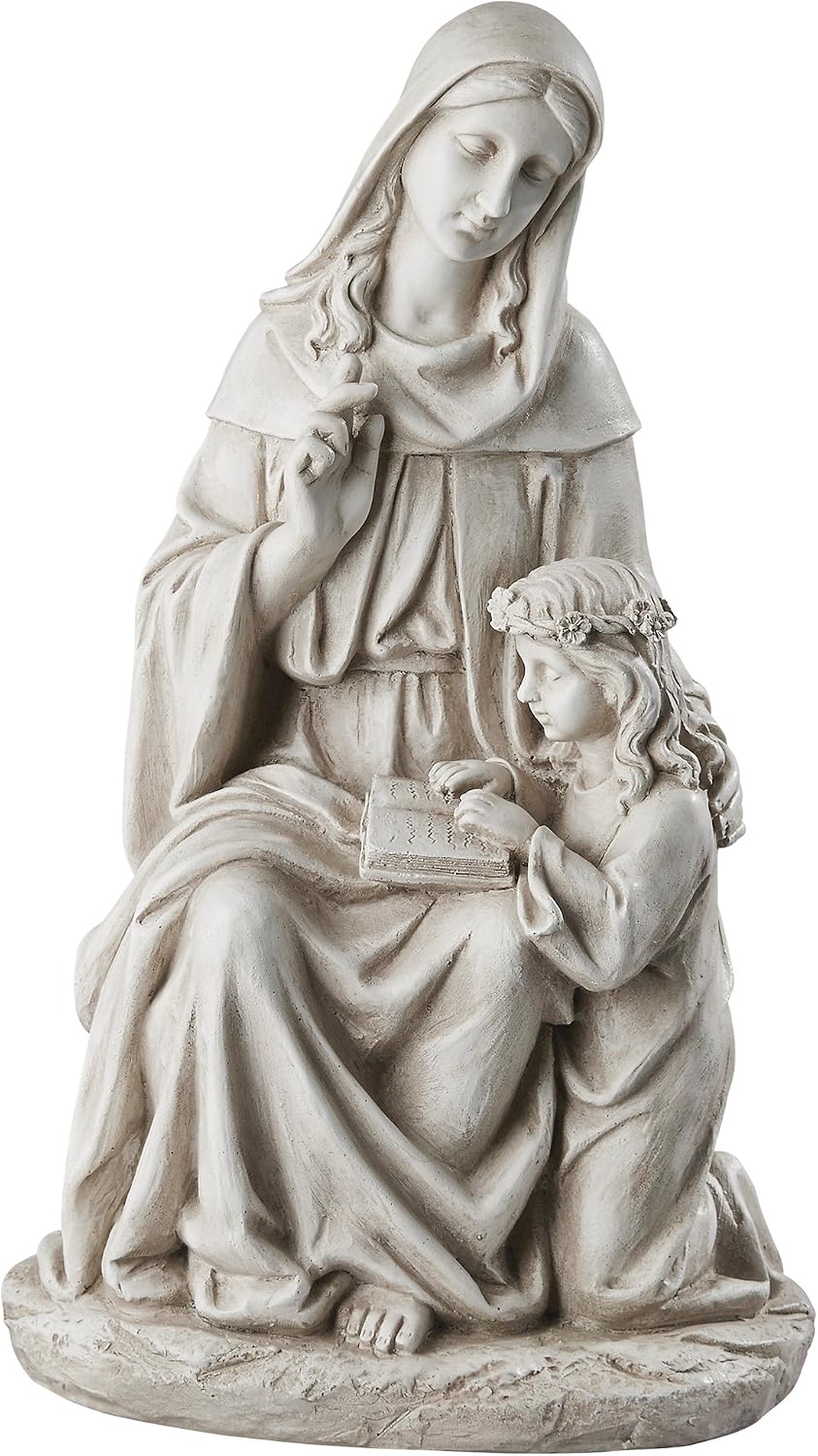 Design Toscano Anne with Young Mother Mary Holy Religious Garden Statue, 12 inches wide, 21 inches tall, Cast Stone Resin, Antique Stone Finish