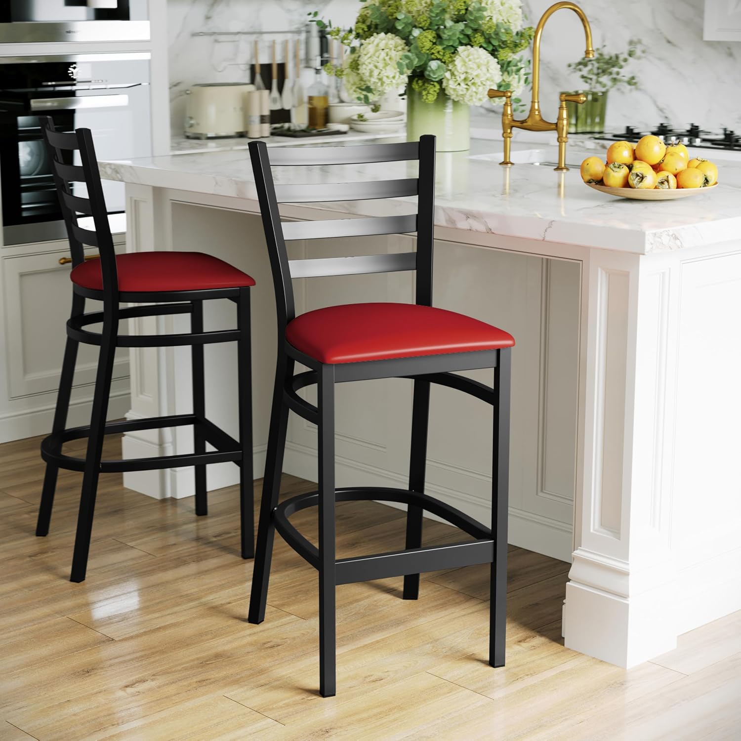 Flash Furniture Hercules Series Ladder Back Metal Restaurant Barstool, Modern Upholstered Armless Bar Height Chair for Restaurants and Kitchens, Black | Vinyl Upholstery, Durable Construction, Commercial Use