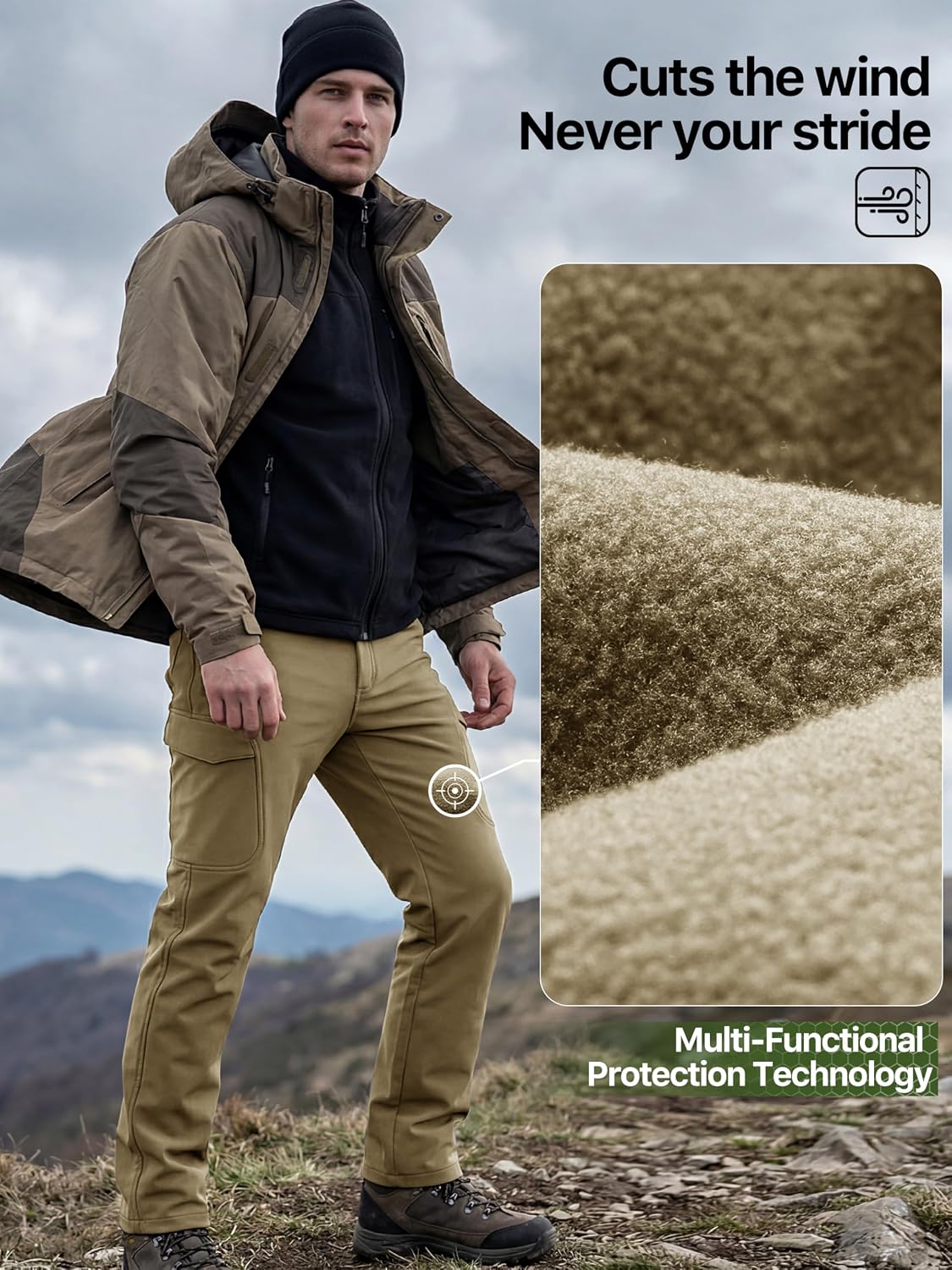 FREE SOLDIER Men's Outdoor Softshell Fleece Lined Cargo Pants | Snow Ski Hiking Pants with Belt, Waterproof Winter Pants, Insulated Work Pants, Breathable Windproof Insulated Pants