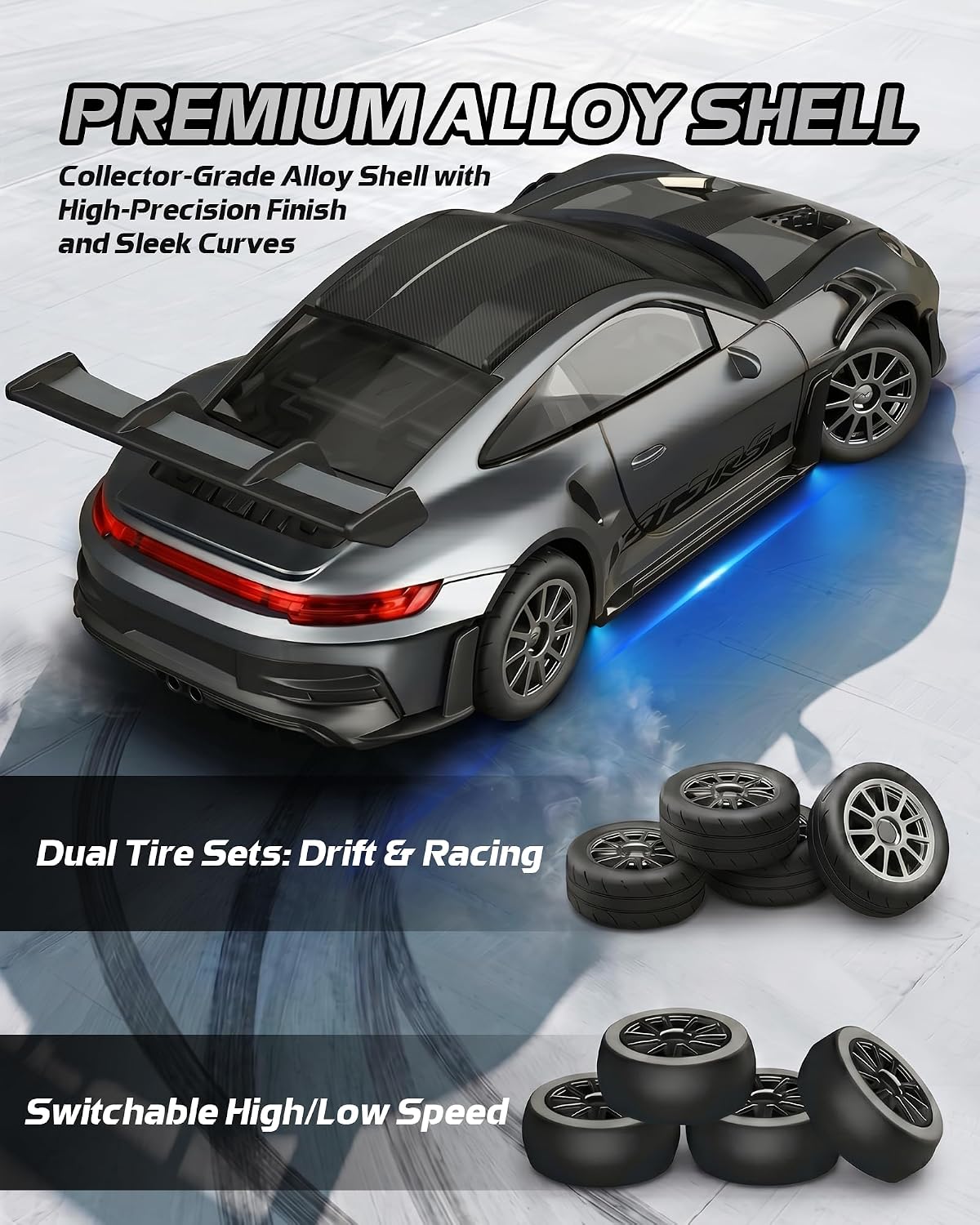 ARRIS 1/43 911 RC Drift Car 4WD with Gyro Full Proportional RTR | Alloy Body, 20KM/H Speed, Extra Drift Tires, Silent Bearings, LED Lighting