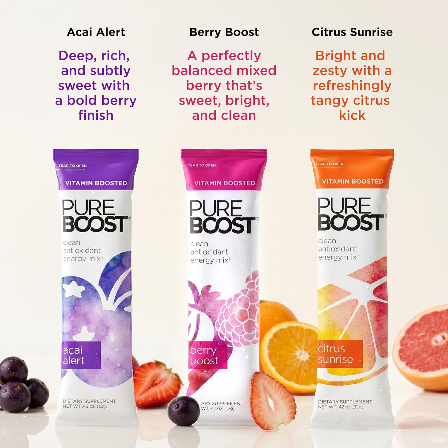 Pureboost Sugar-Free Clean Energy Booster Drink Mix, Citrus Sunrise 30ct | B12 vitamins, low sodium electrolytes & antioxidants. 25 vitamins and minerals. No sucralose.