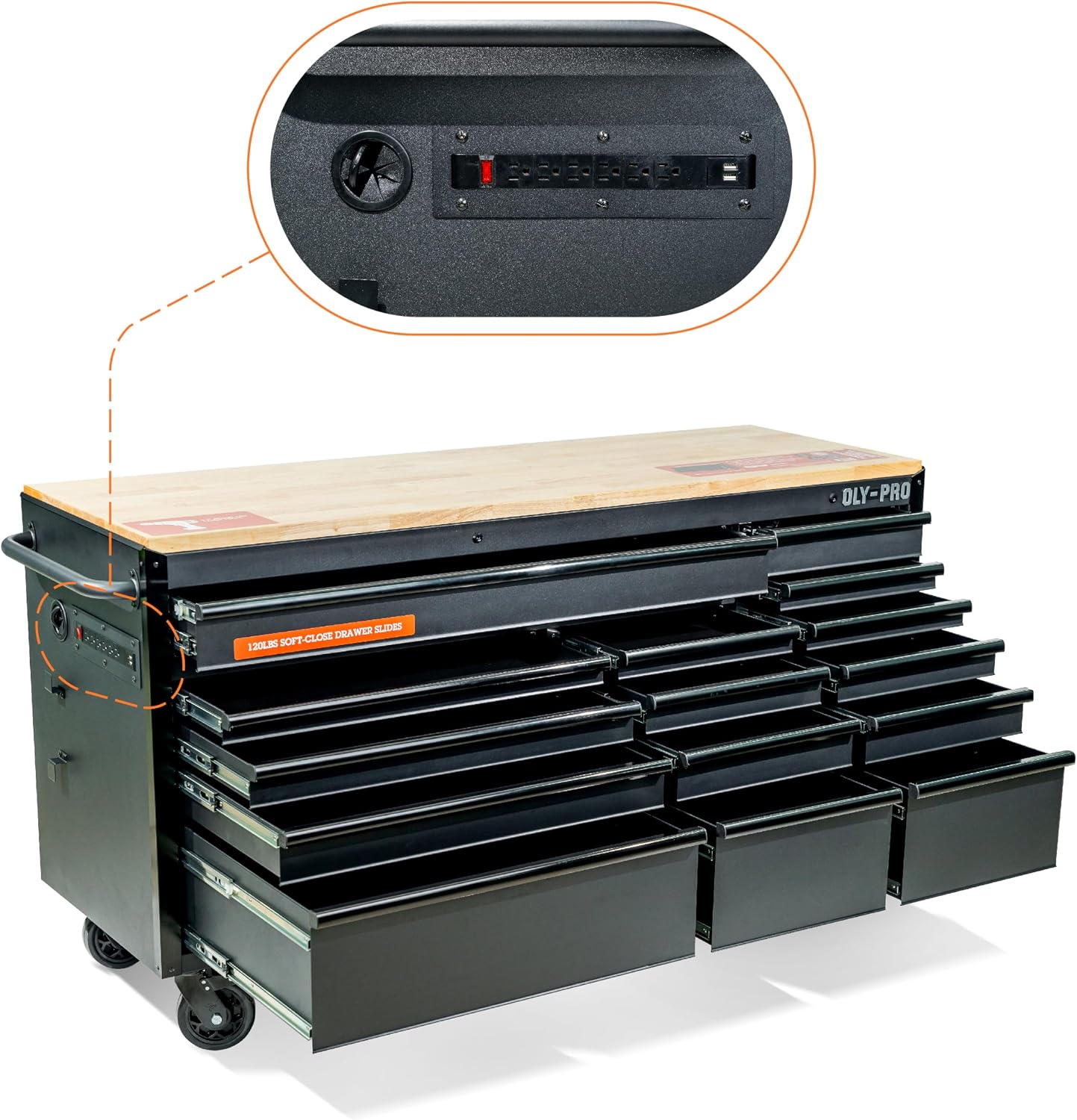 Olympia Tools 72 inch Heavy Duty Mobile Tool Chest Tool Box, with Solid Wood Top Workbench, 15-Drawer Rolling Tool Chest, Tool Storage Organizer for Garage, Workshop, and Home, Black