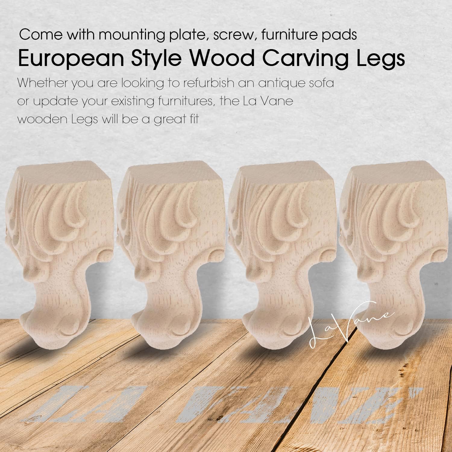 La Vane 6 inch / 15cm Wooden Furniture Legs, Set of 4 European Style Solid Wood Carving Furniture Replacement Feet Decoration for Sofa Cabinet Wardrobe Table Loveseat