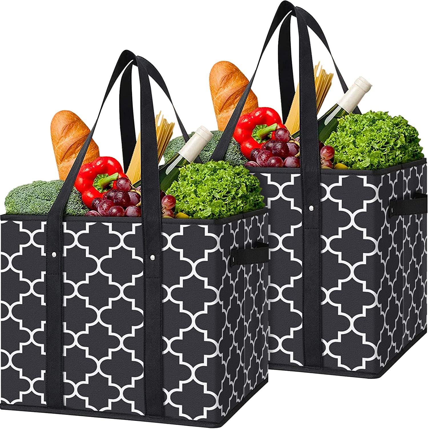 WISELIFE Reusable Grocery Bags 3-Pack Foldable Washable Large Storage Bins Basket Water Resistant Shopping Tote Bag Black