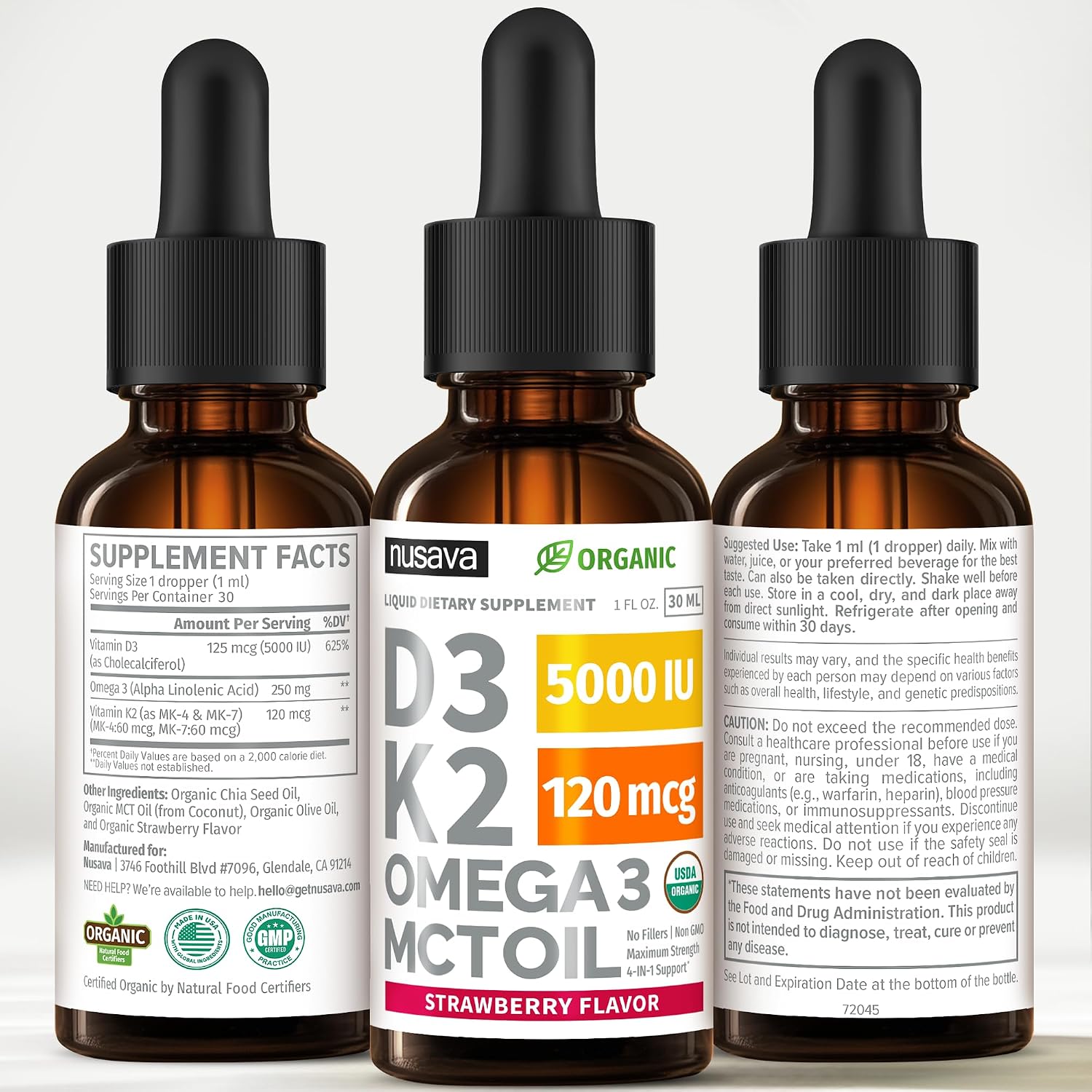 Nusava Organic Vitamin D3 K2 Drops with MCT Oil, Unflavored, Pack of 2