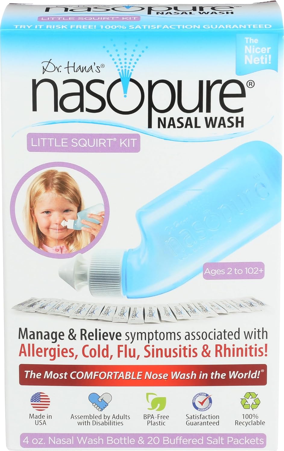 Nasopure Nasal Wash, Little Squirt Kit, “The Nicer Neti Pot” Sinus Wash Kit, Comfortable Nasal Rinse Bottle & 20 Salt Packets