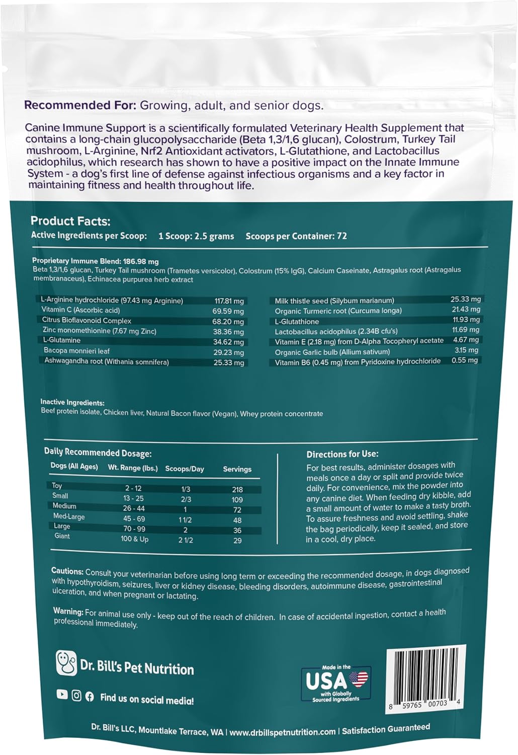 Dr. Bill’s Canine Immune Support | Boosts Dog Immunity and Health with Colostrum, Beta Glucan, Turkey Tail Mushroom