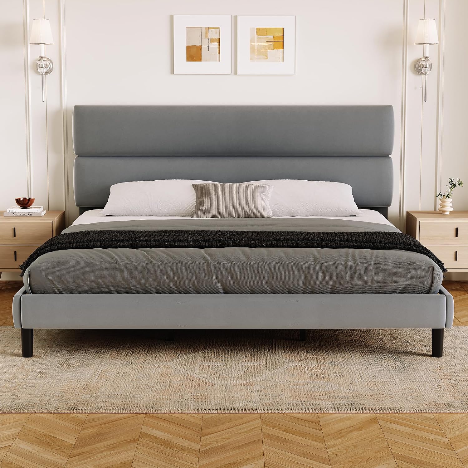 GRUSIGN Queen Size Platform Bed Frame with Velvet Headboard, Adjustable Height Wooden Slats Support, Upholstered Mattress Foundation, Fits Mattress or Mattress with Box Spring, Easy Assembly, Beige