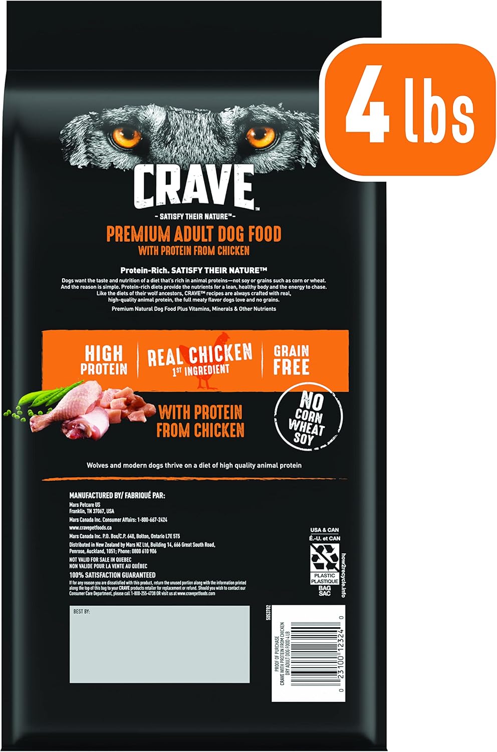 CRAVE Grain Free High Protein Natural Adult Dry Dog Food, Chicken, 4 lb | 34% protein, real animal protein, no by-product meal, no corn, wheat, soy, no artificial flavors, energy support