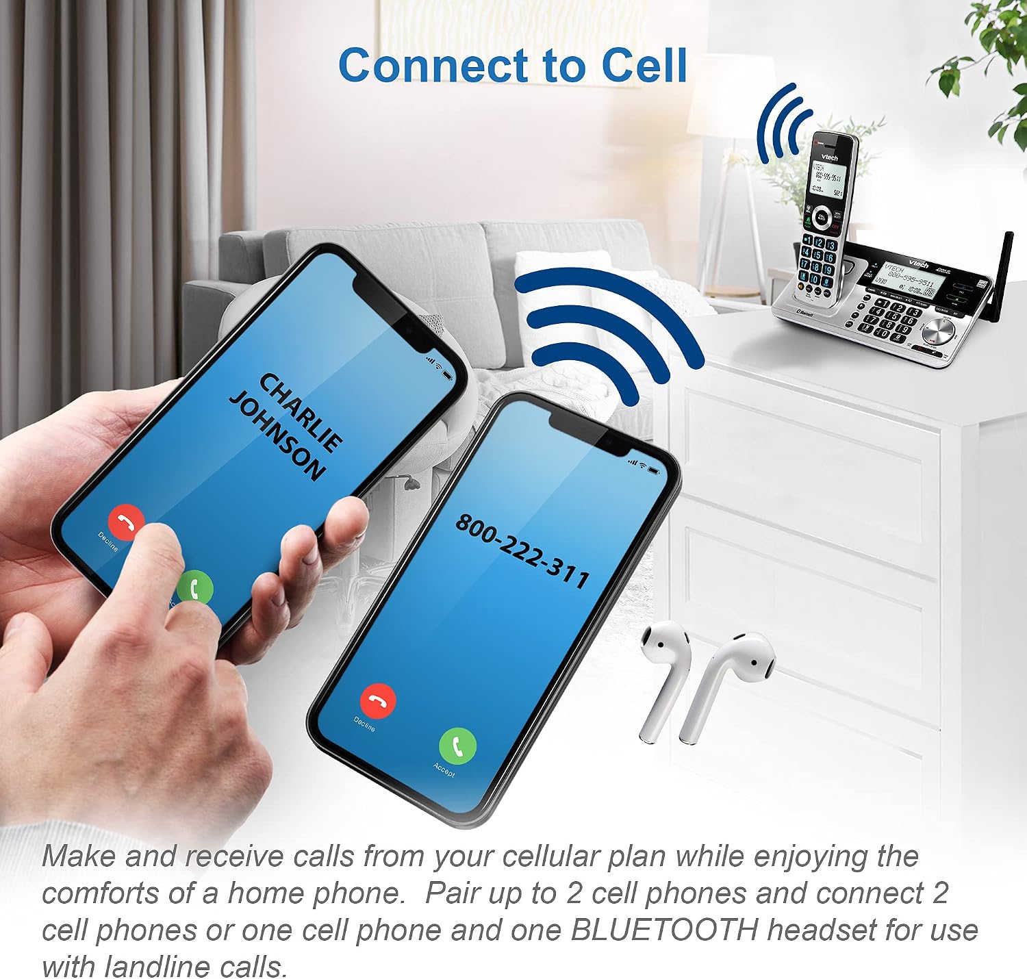 VTech VS113-5 Extended Range 5 Handset Cordless Phone for Home with Call Blocking, Connect to Cell Bluetooth, 2" Backlit Screen, Big Buttons