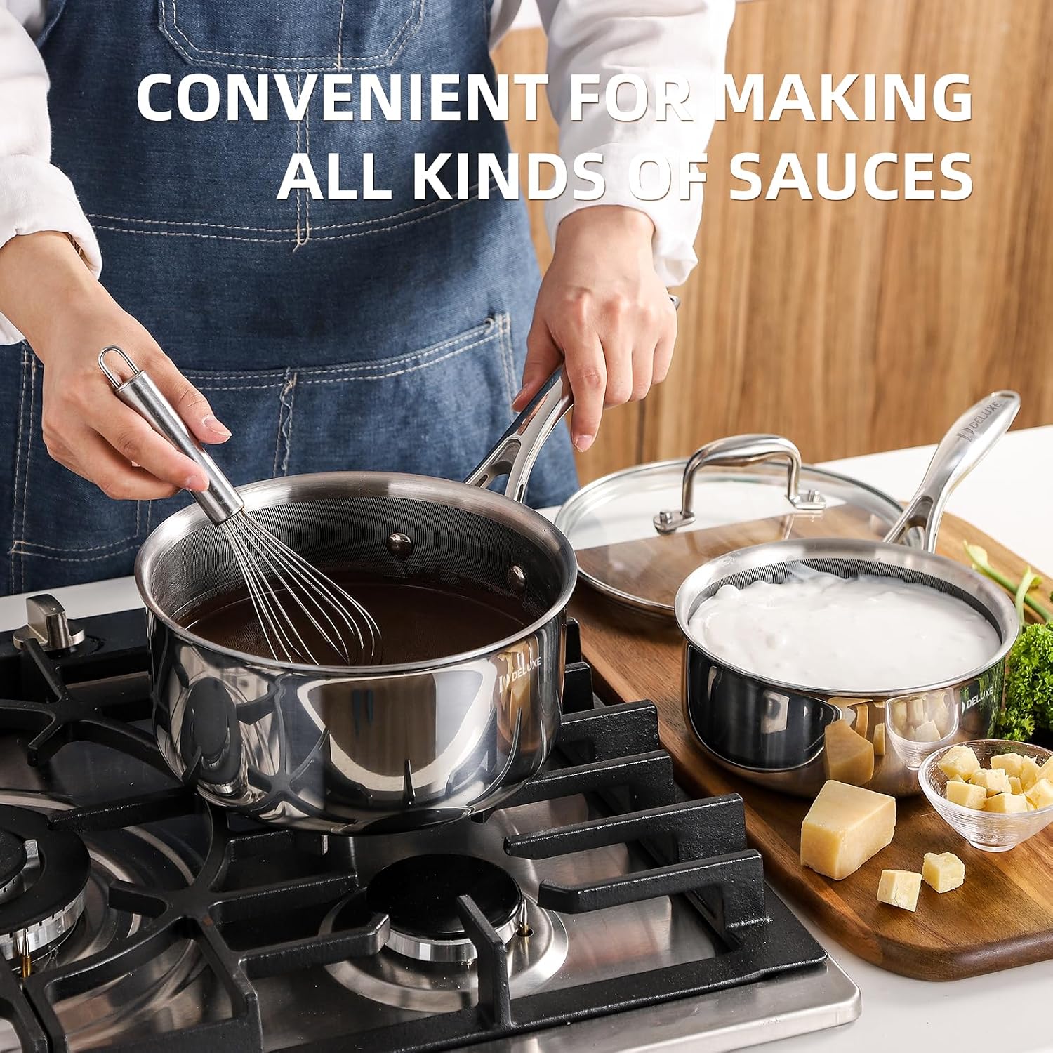 Deluxe 13 Piece Hybrid Ceramic Nonstick Stainless Steel Cookware Set | 5 PC Fry Pan Set, 6 PC Pot Set, 3.7QT Deep Sauté Pan&Lid, Induction Ready, Stay Cool, PFOA Free FOR All Cooktops