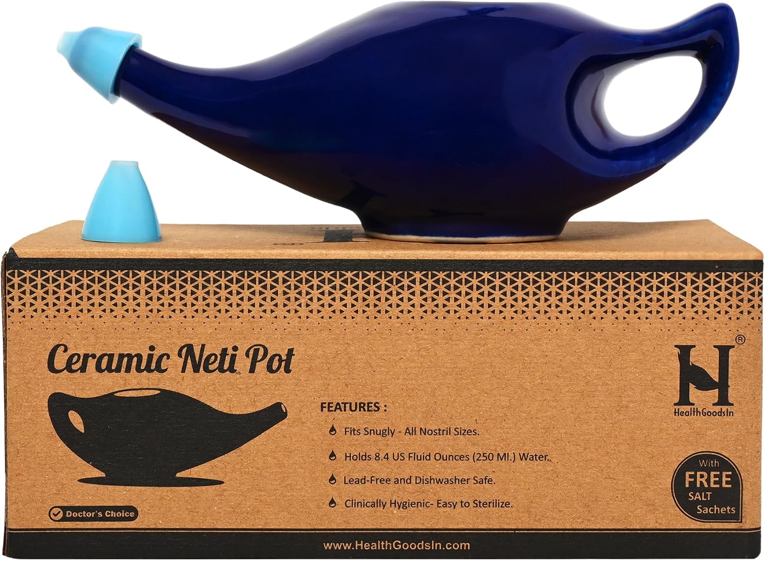 HealthGoodsIn Ceramic Neti Pot, Dishwasher Safe, Premium Handcrafted with 2 Silicone Nozzle and Salt for Sinus - 225 Ml. Capacity (Brown)