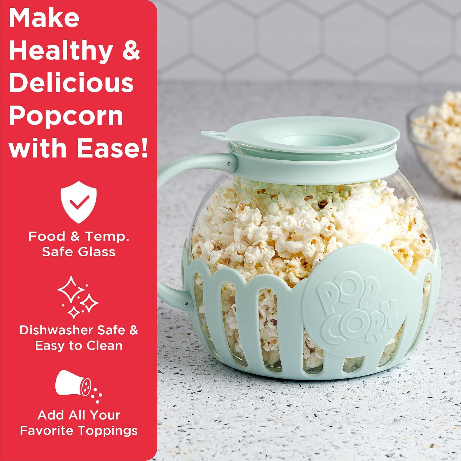 Ecolution Patented Micro-Pop Microwave Popcorn Popper with Temperature Safe Glass, 3-in-1 Lid Measures Kernels and Melts Butter, Made Without BPA, Dishwasher Safe, 3-Quart, Red