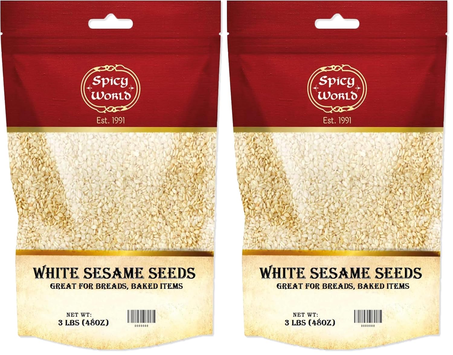 Spicy World White Sesame Seeds 3 LB Bag - Natural, Raw, Hulled, Non-GMO, Bulk Resealable Bag