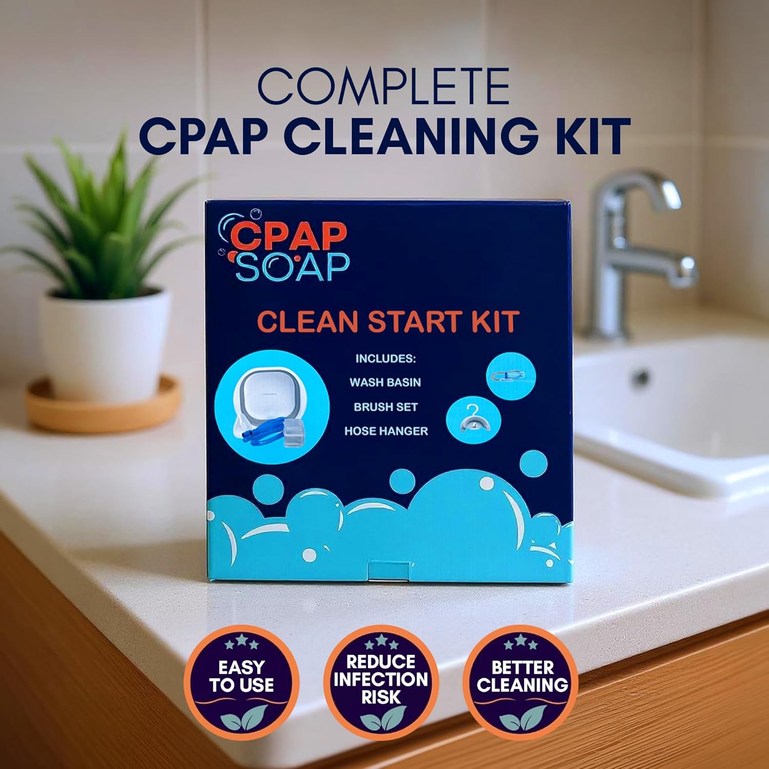 CPAP Cleaning Kit and Supplies for Mask, Hose, and Accessories - 1-Gallon Collapsible Wash Basin, 6ft Brush Set