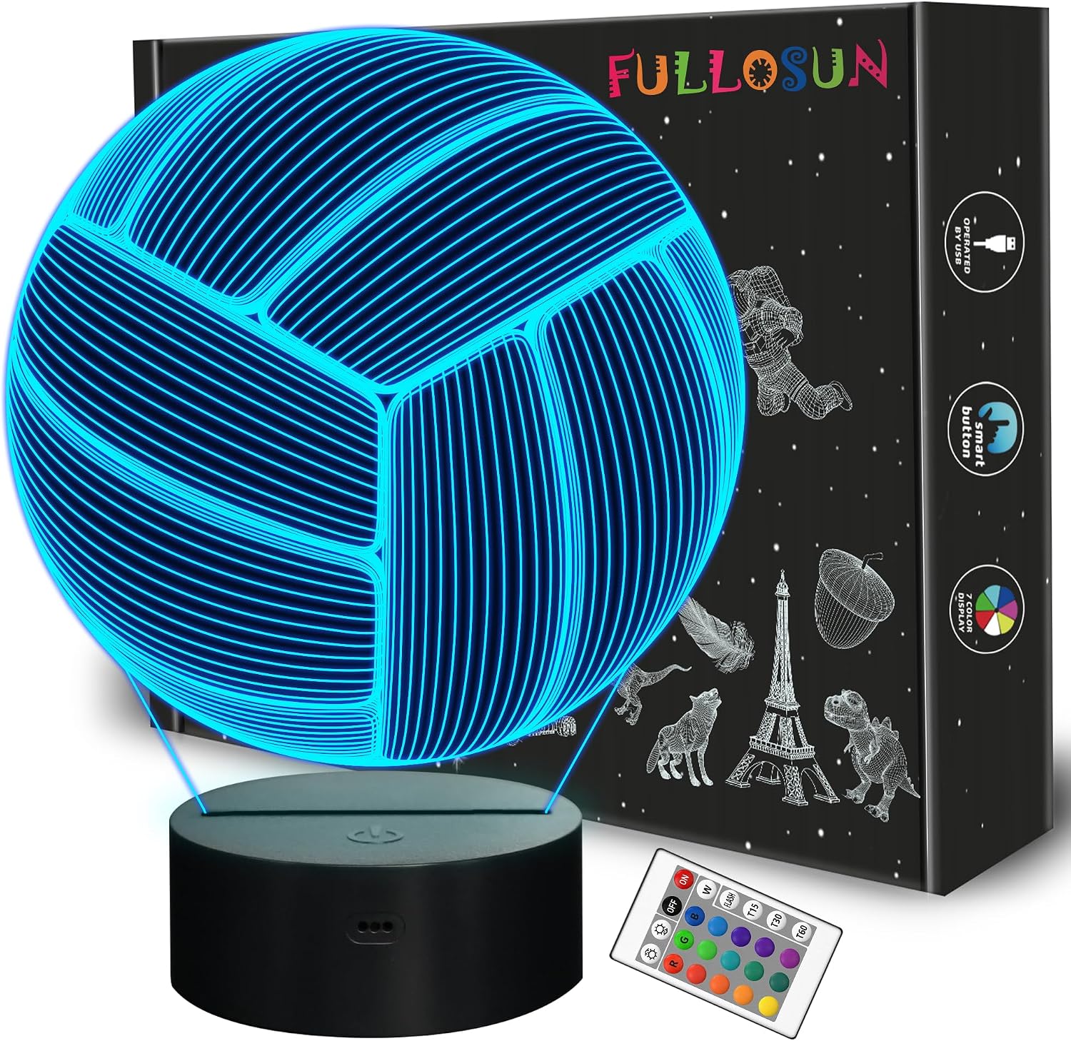 FULLOSUN Volleyball 3D Night Light, Sport Mood Illusion Lamp for Kids with Remote Control 16 Colors Changing