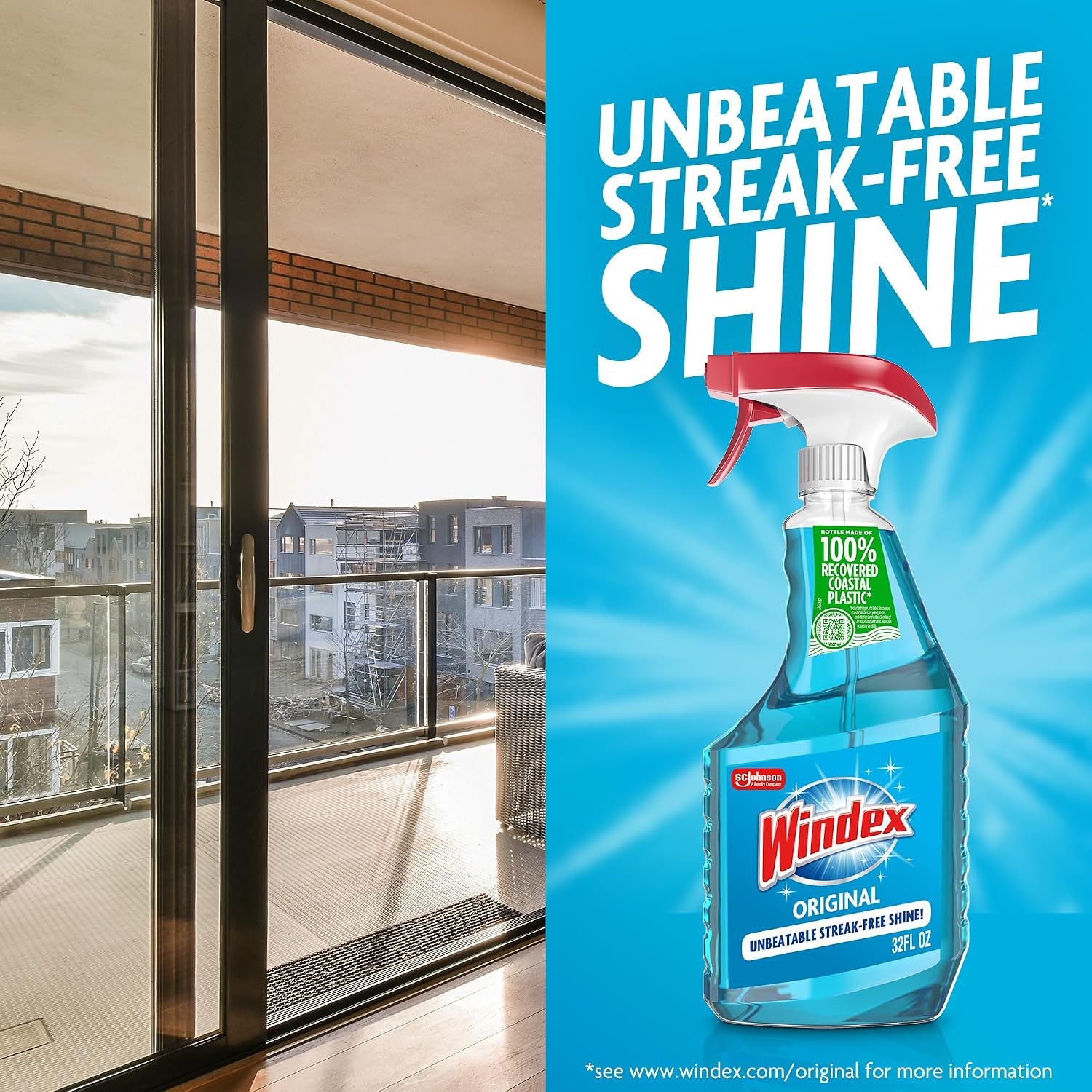 Windex refill glass and window cleaner, made from 100% recycled plastic, surface cleaning spray, original blue scent, 2L (67.6 fl oz)