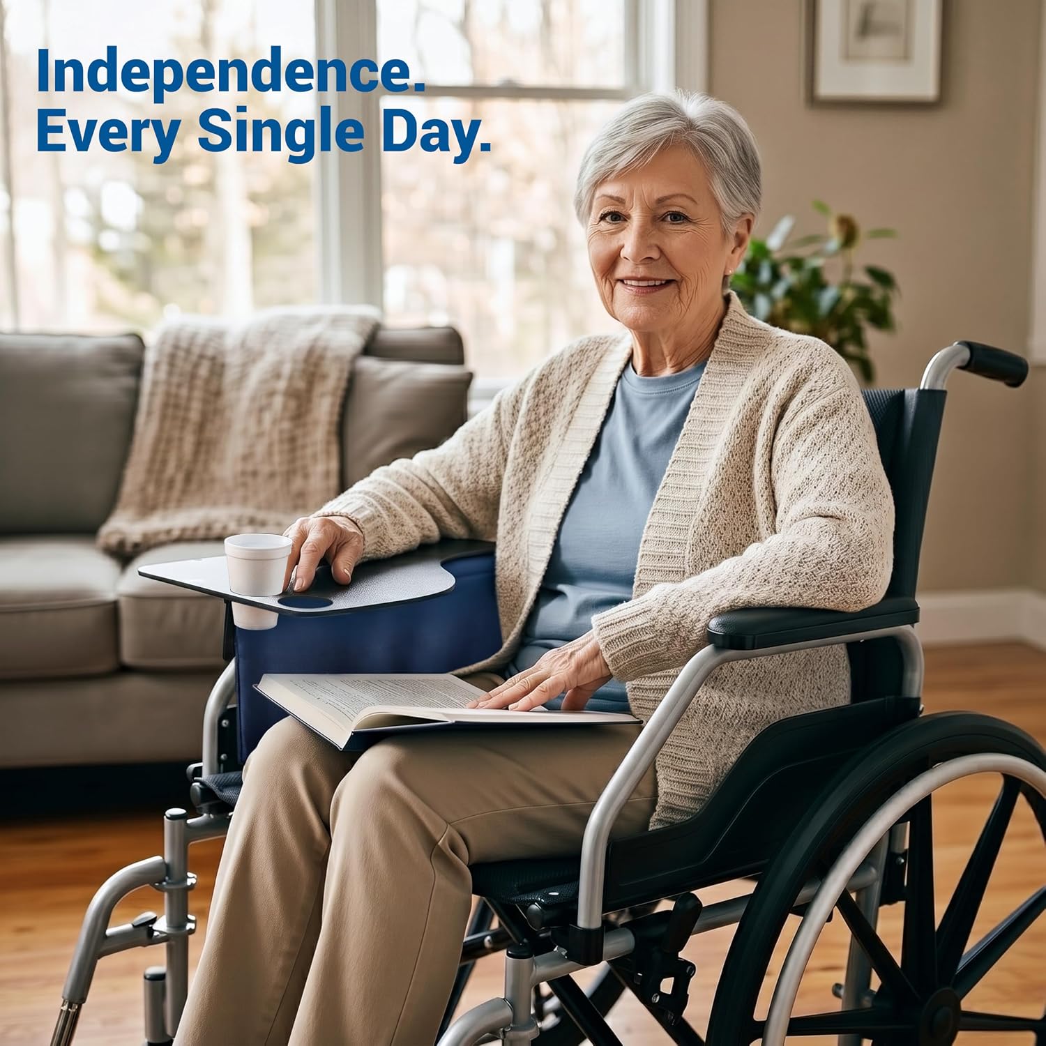 Skil-Care Left Side Wheelchair Flip Tray, 23"W x 19.5"D, Scratch-Resistant | 705032, Scratch-Resistant Surface, Two Cup Holders, Convenient Flip-Away Design, Fits All Standard Wheelchair Armrests, Left