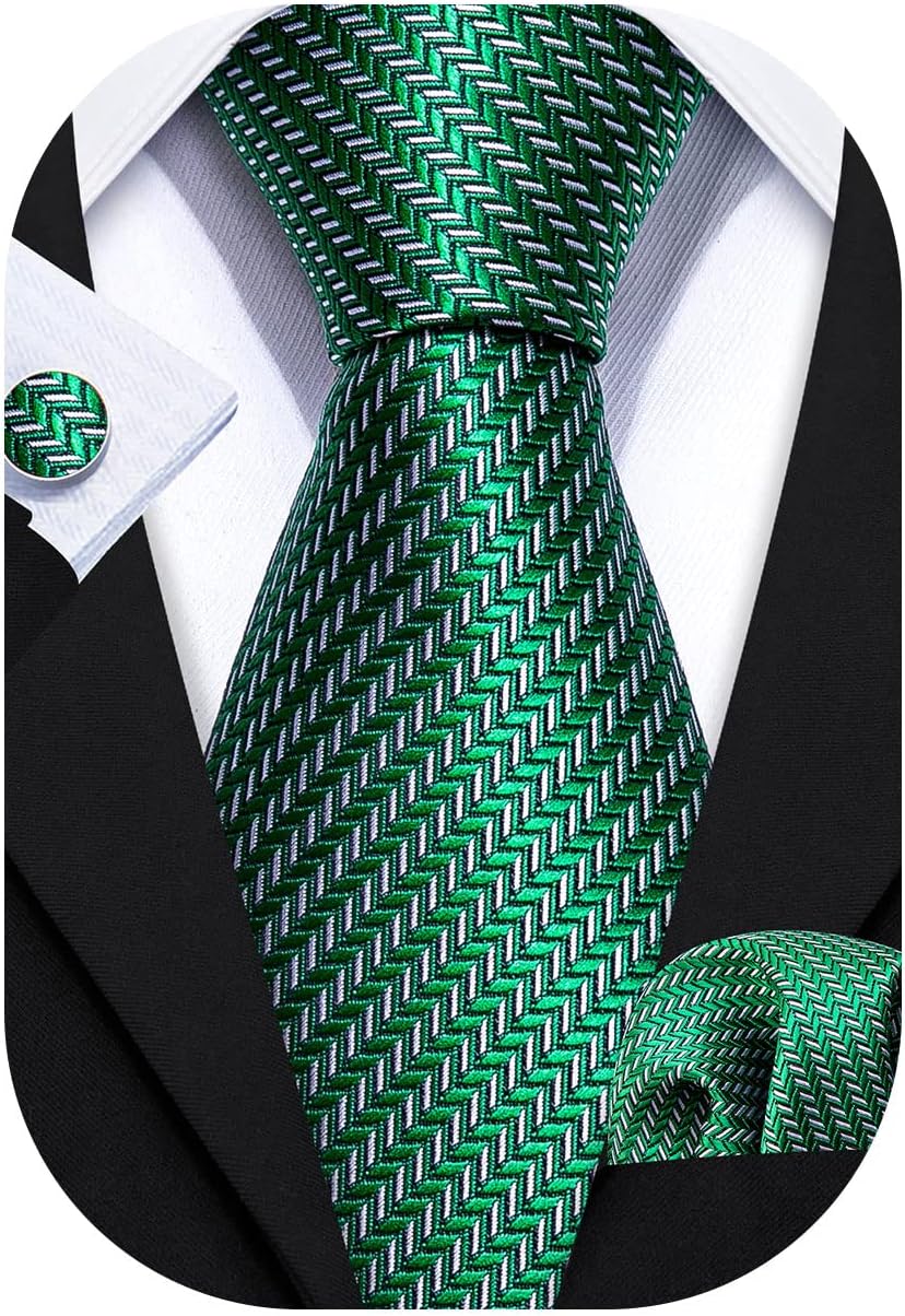 Barry.Wang Plaid Ties for Men Silk Necktie Handkerchief Cuff Links Set