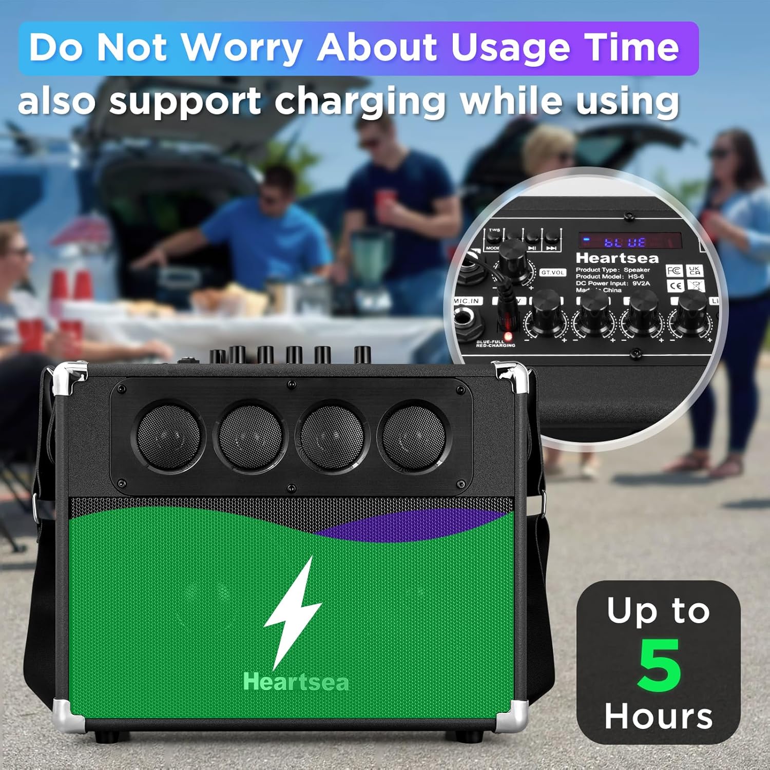 HEARTSEA Portable Karaoke Machine with Wireless Mics, Bluetooth Speaker | 3-Way Sound, TWS Stereo Pairing, Guitar Input, USB/AUX