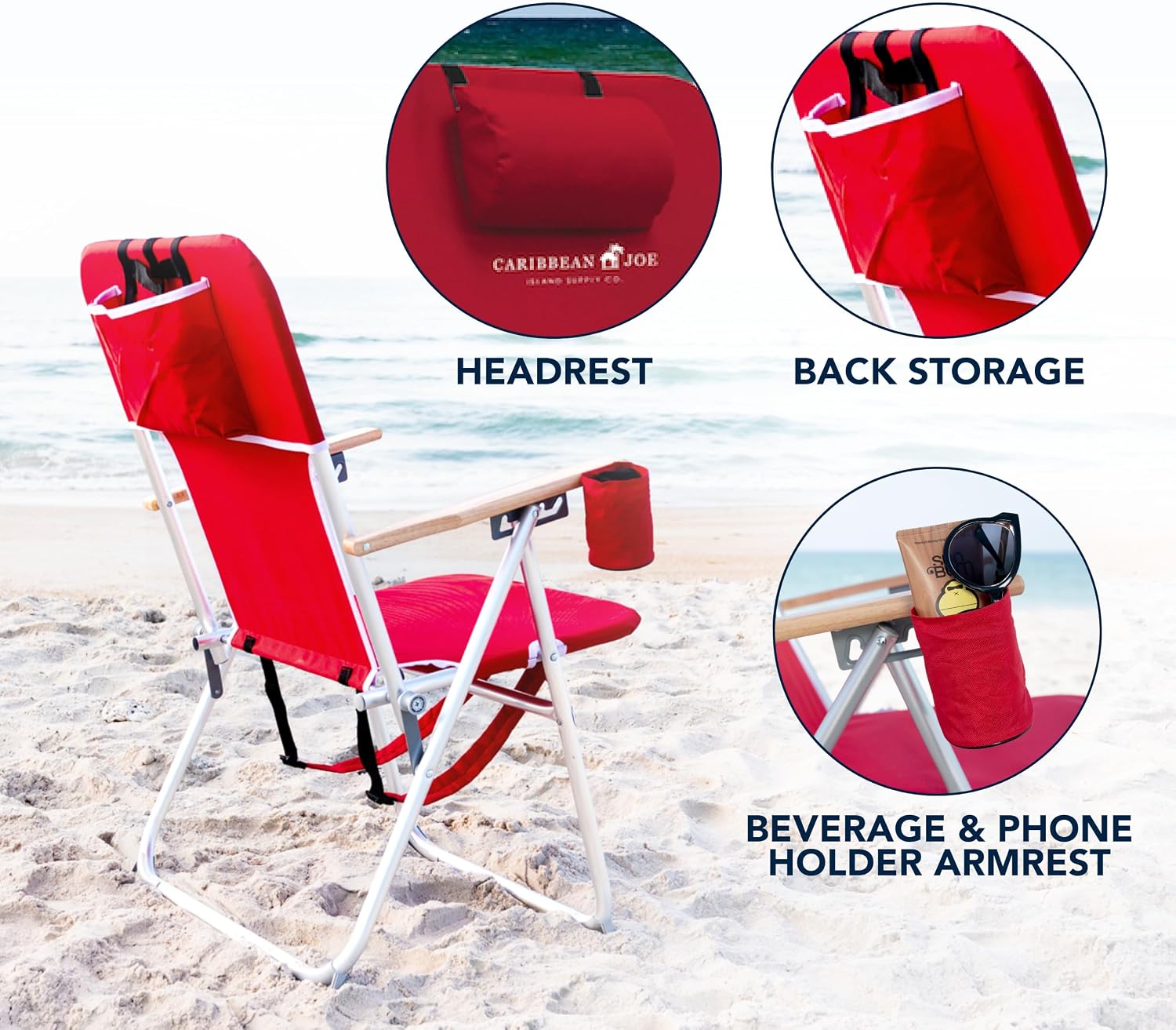 CARIBBEAN JOE Folding Beach Chair, 4 Position Portable Backpack Foldable Camping Chair with Headrest, Cup Holder, and Wooden Armrests