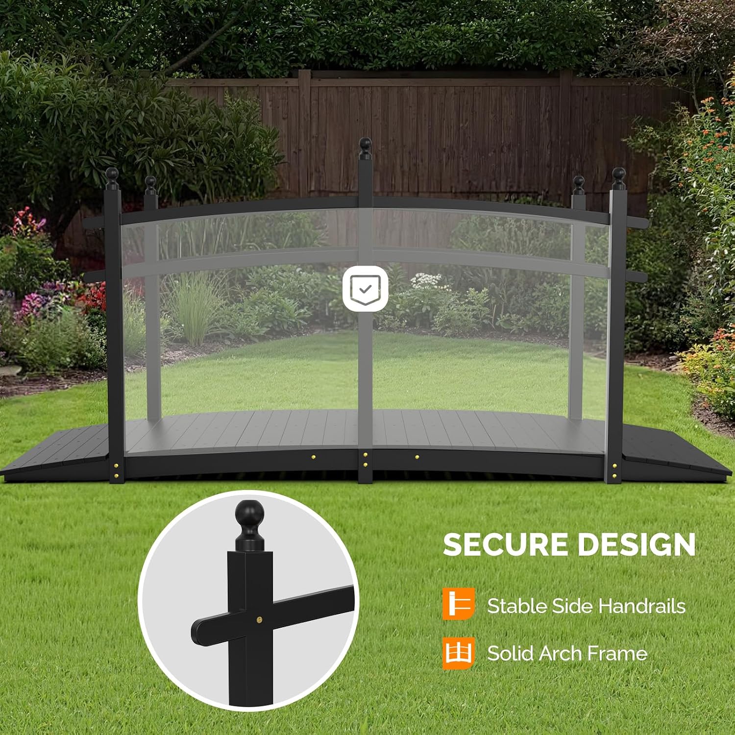 VINGLI 5 ft Garden Bridge, Classic Wooden Arch with Safety Rails Stained Finished Footbridge, Decorative Pond Landscaping, Backyard, Creek or Farm