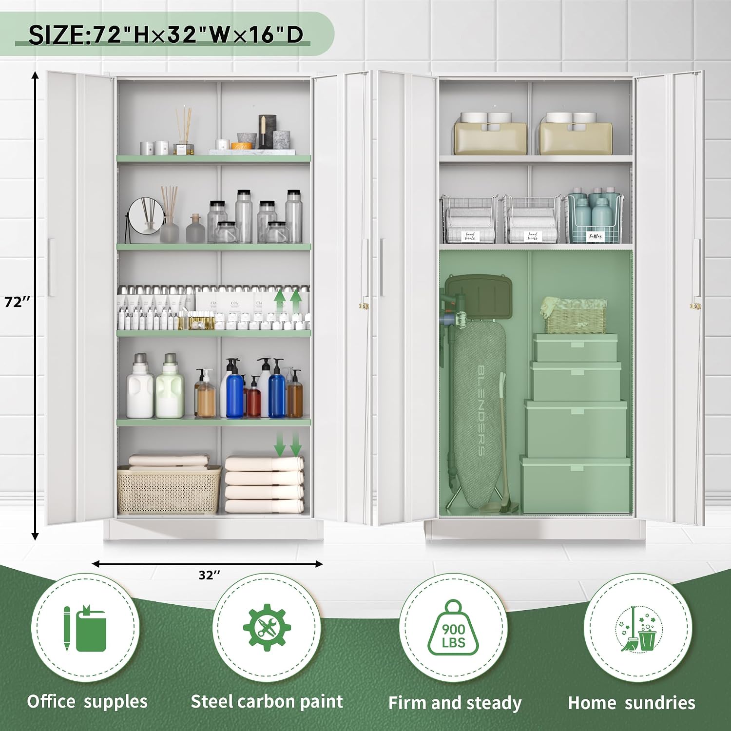 Greenvelly Steel SnapIt Storage Cabinet, 72" Locking Metal Garage Storage Cabinet with 4 Adjustable Shelves, 2 Doors and Lock for File, Office, Garage