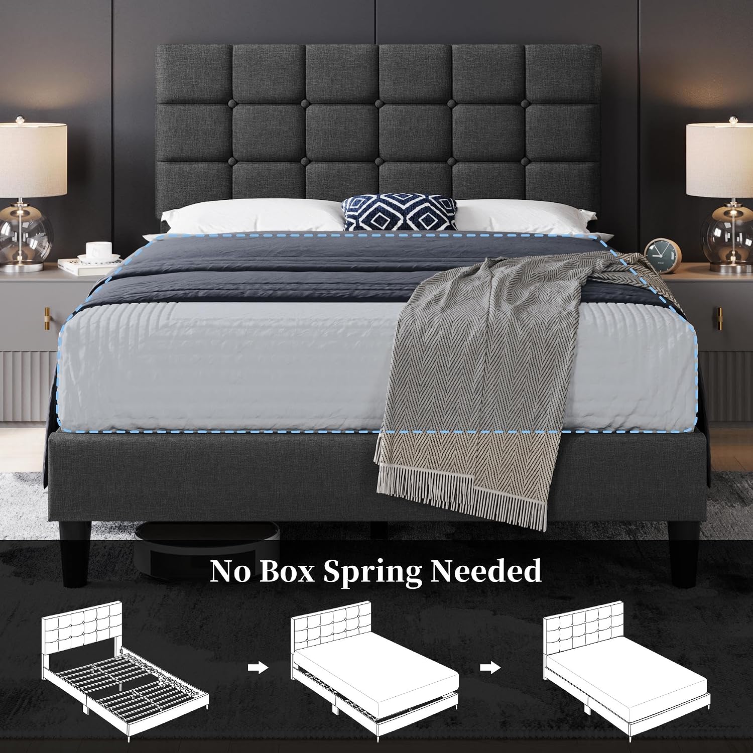 Yaheetech Full Size Upholstered Tufted Bed Frame with Headboard, Dark Gray | Sturdy engineered wood frame with linen fabric upholstery features a soft tufted headboard for easy assembly and support