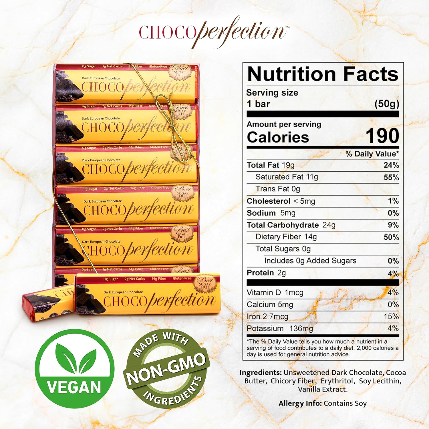 ChocoPerfection Dark Chocolate Bars - No Sugar Low Carb Snack - 12 Pack 50G
