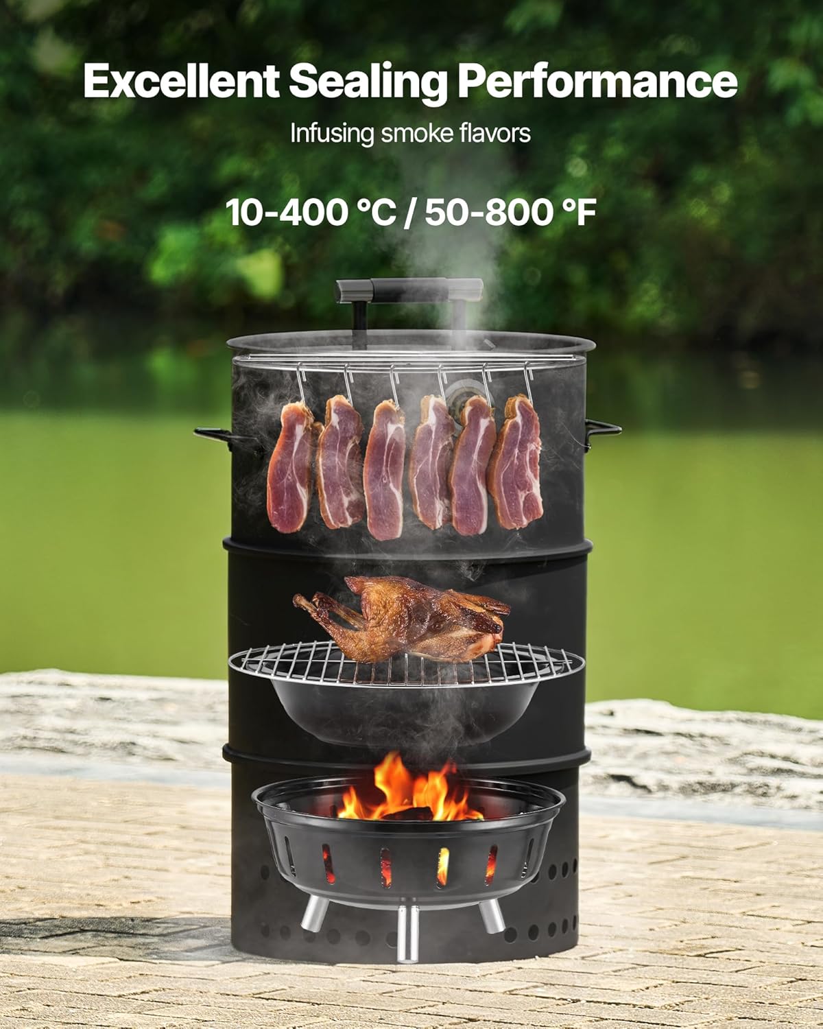 VEVOR Charcoal Smoker Grill, 18.5" Barrel Charcoal BBQ Smoker, Coated Steel Outdoor Barbecue Grill with 2 Grilling Grates, 1 Hanging Rod