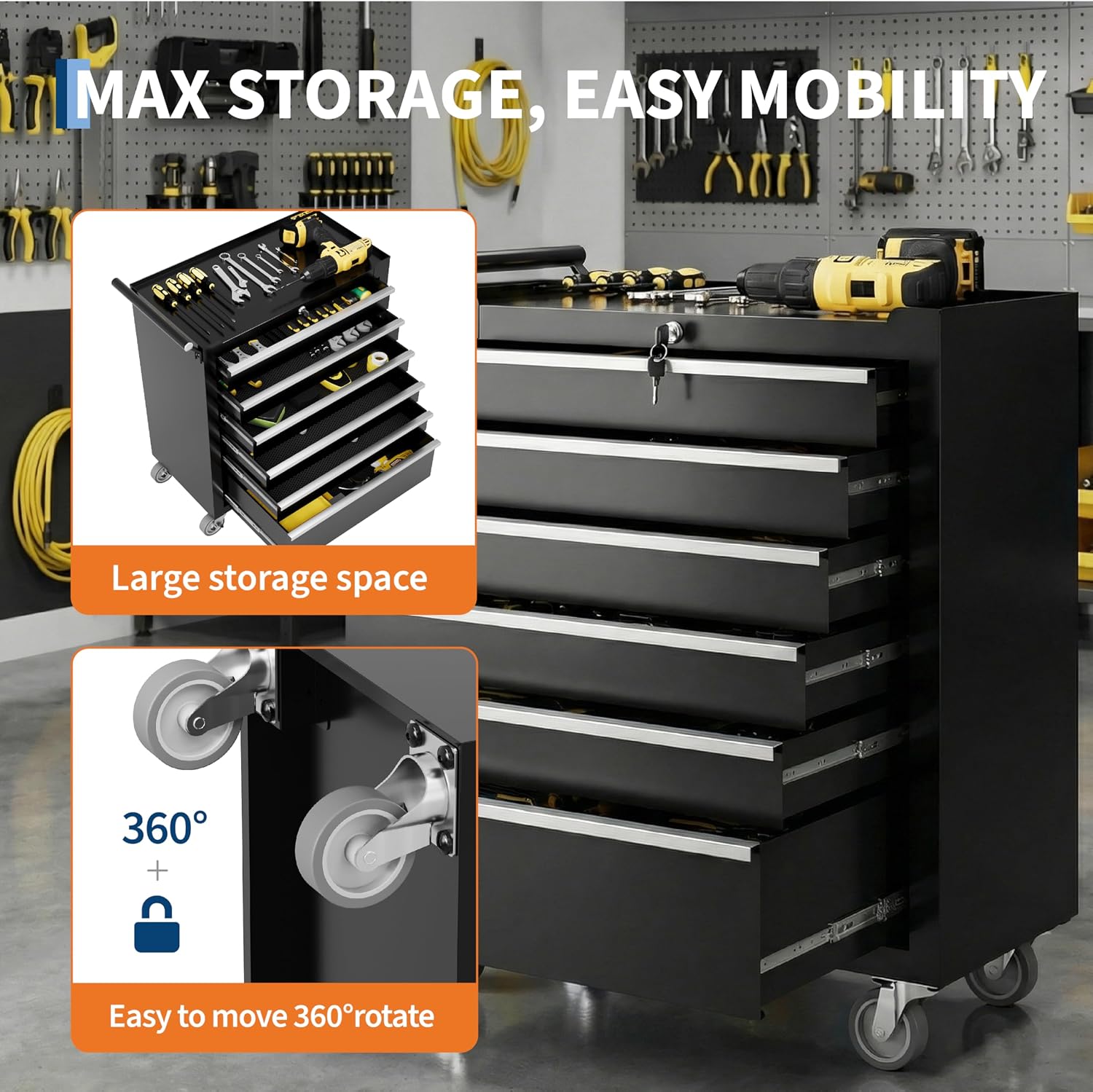Rolling Tool Chest with Wheels, 5 Drawer Tool Storage Cabinet, Portable Toolbox Organizer with Lock, Heavy Duty Tool Chest Cart for Garage, Mechanic, Workshop, Shop, Mobile Tool Organizer, Black