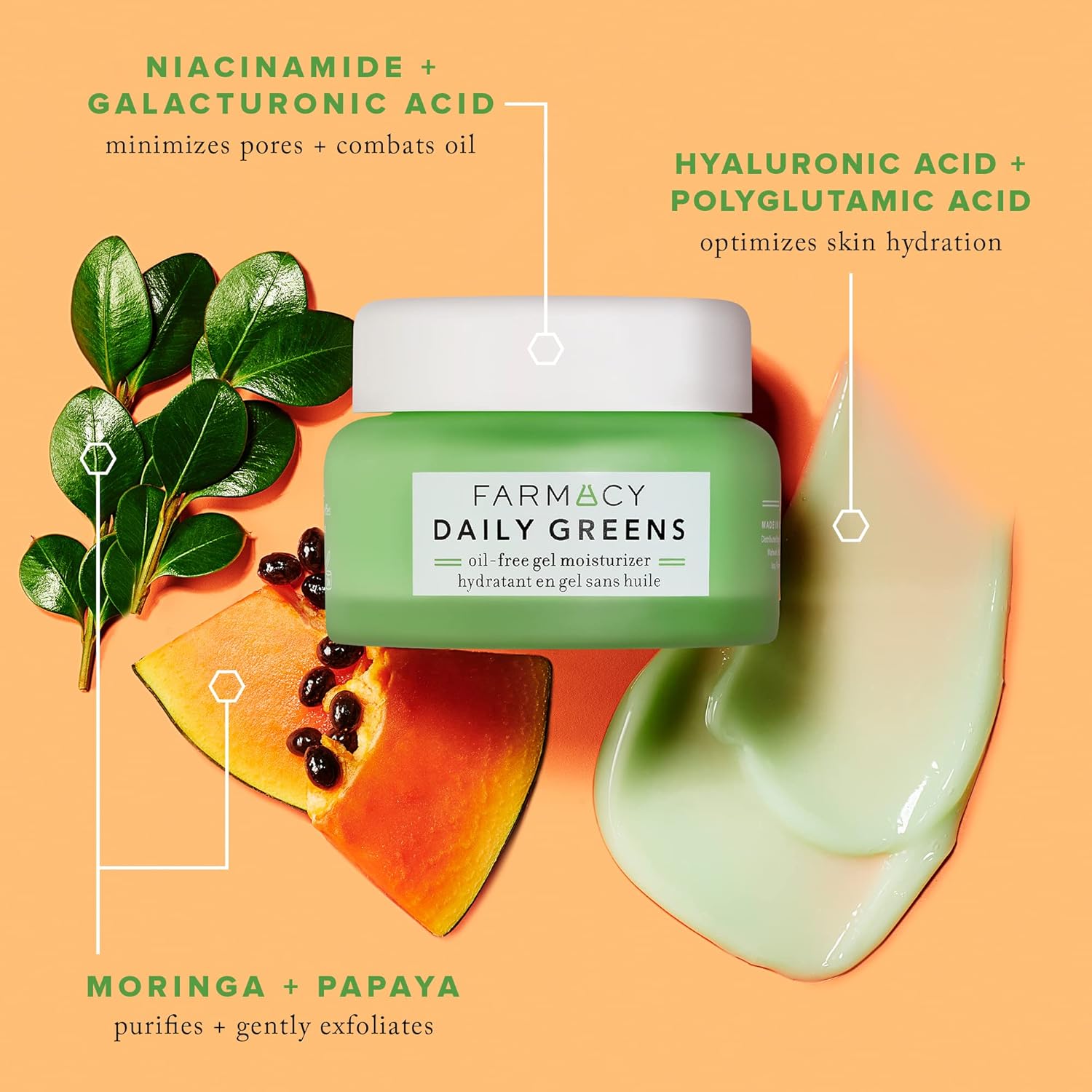 Farmacy Daily Greens Oil Free Face Moisturizer - Gel Moisturizer for Oily Skin with Polyglutamic + Hyaluronic Acid - Light Facial Moisturizer to