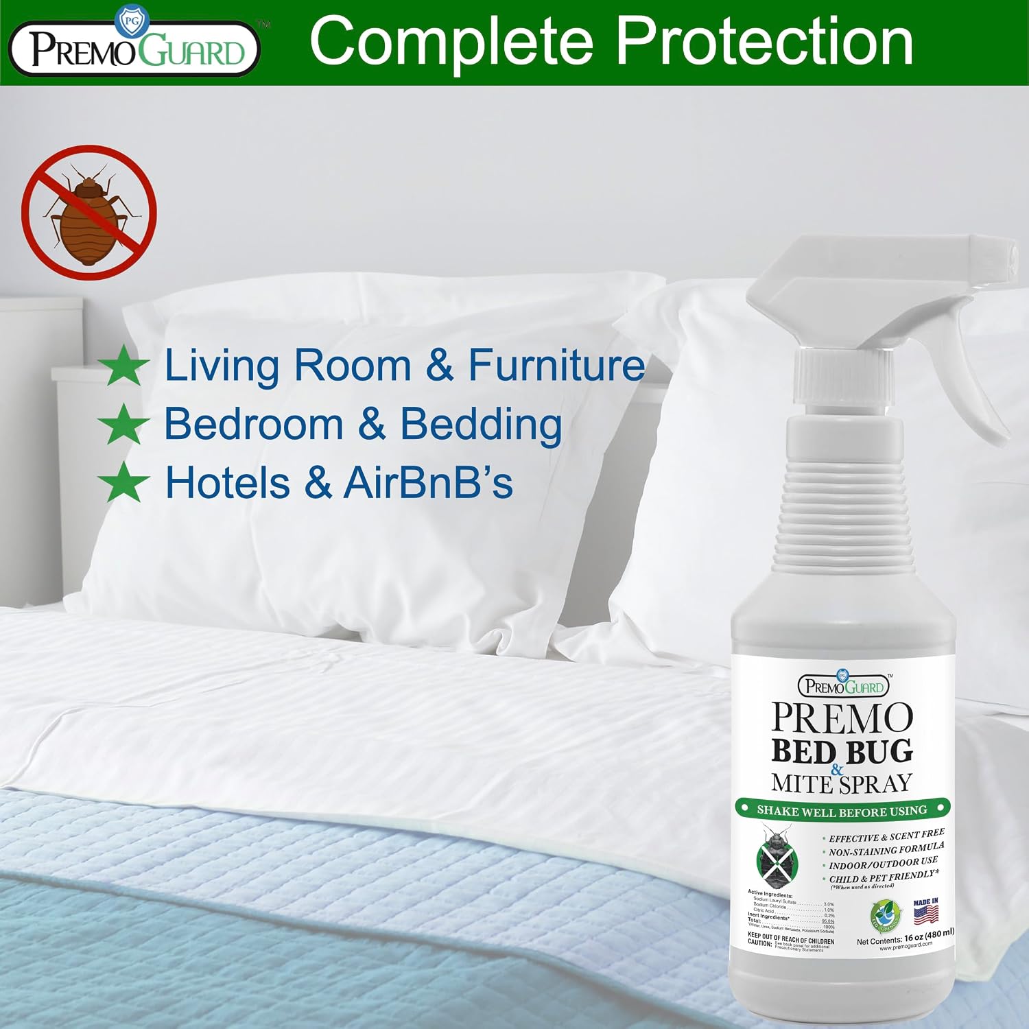 Premo Guard Bed Bug & Mite Killer Spray – University Tested 100% Kill Rate | Natural, Safe for Bedding, Furniture, Fabrics, and Clothing, Non Toxic, Stain & Scent Free, Child & Pet Safe