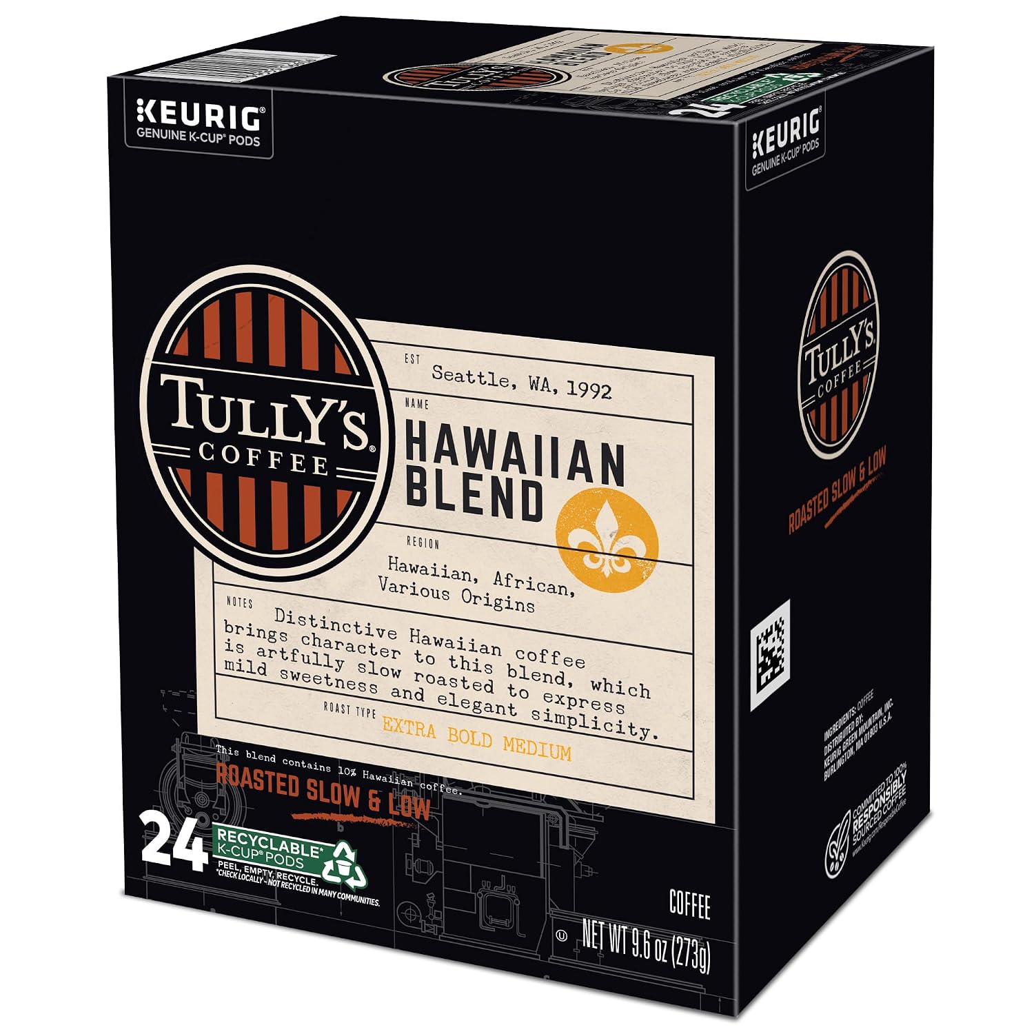 Tully's Coffee Hawaiian Blend Keurig Single-Serve K-Cup Pods, Medium Roast Coffee, 96 Count
