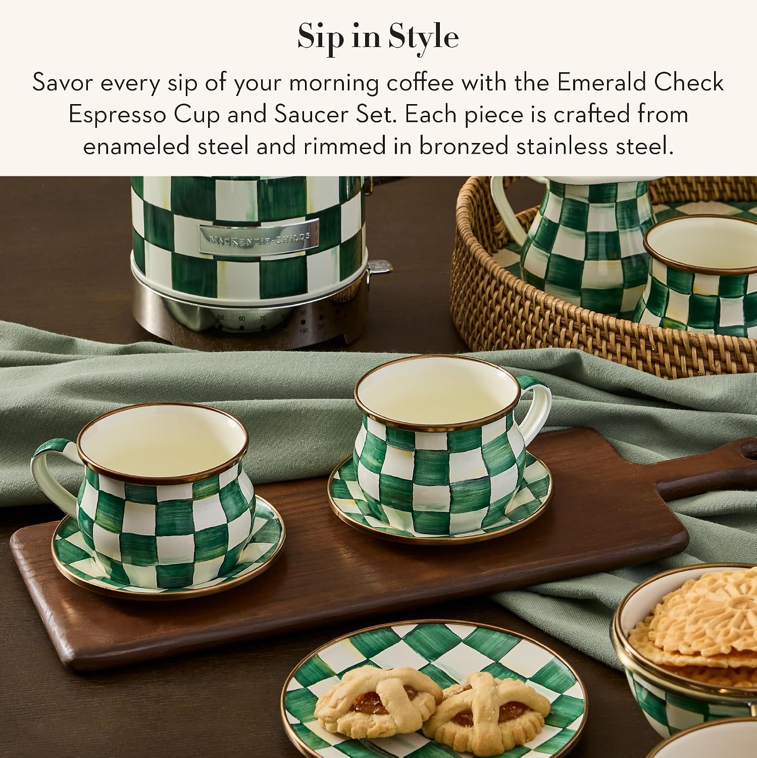 MACKENZIE-CHILDS Espresso Cup & Saucer Set, Black-and-White Courtly Check
