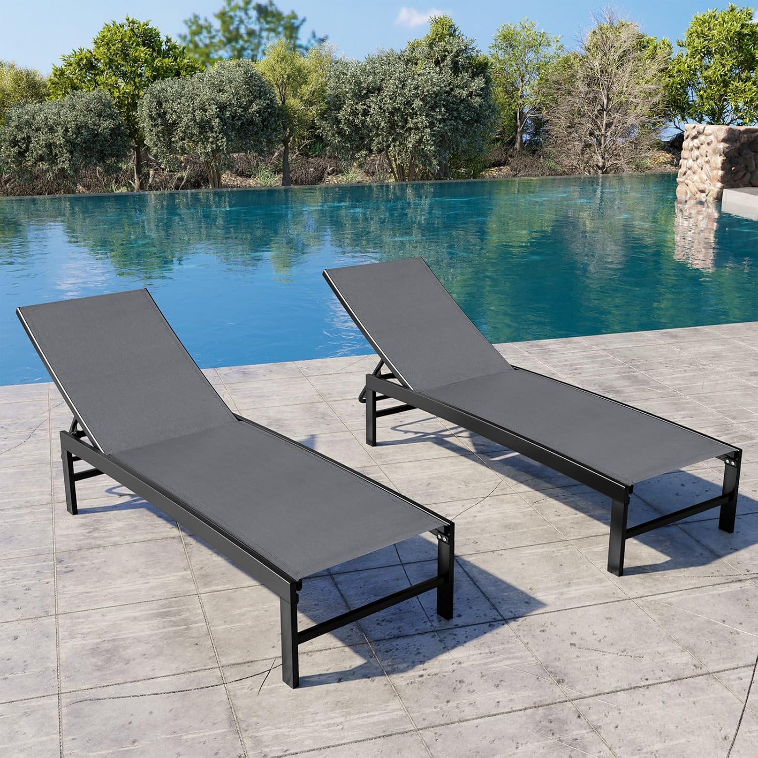 Crestlive Products Outdoor Pool Lounge Chairs Set of 2 with Side Table, Adjustable Five-Position Recliner for Beach, Pool, Sunbathing, Lawn
