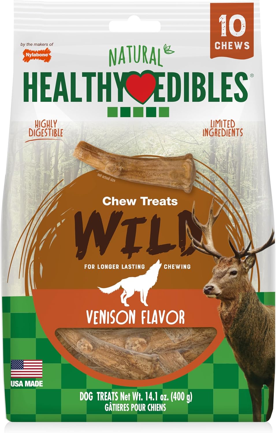 Nylabone Healthy Edibles Wild Dog Treats, Venison Flavor, Large | Natural dog chew bones, made in USA, highly digestible dog chews, long lasting chews for large dogs up to 50 lbs