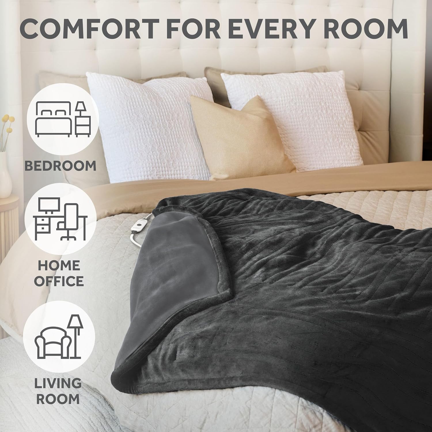 Sunbeam Electric Royal Posh Velvet Heated Blanket, 12 Heat Settings, 12-Hour Selectable Auto Shut-Off, Fast Heating, Warm and Lush, Champagne Color, King, 90" x 100"