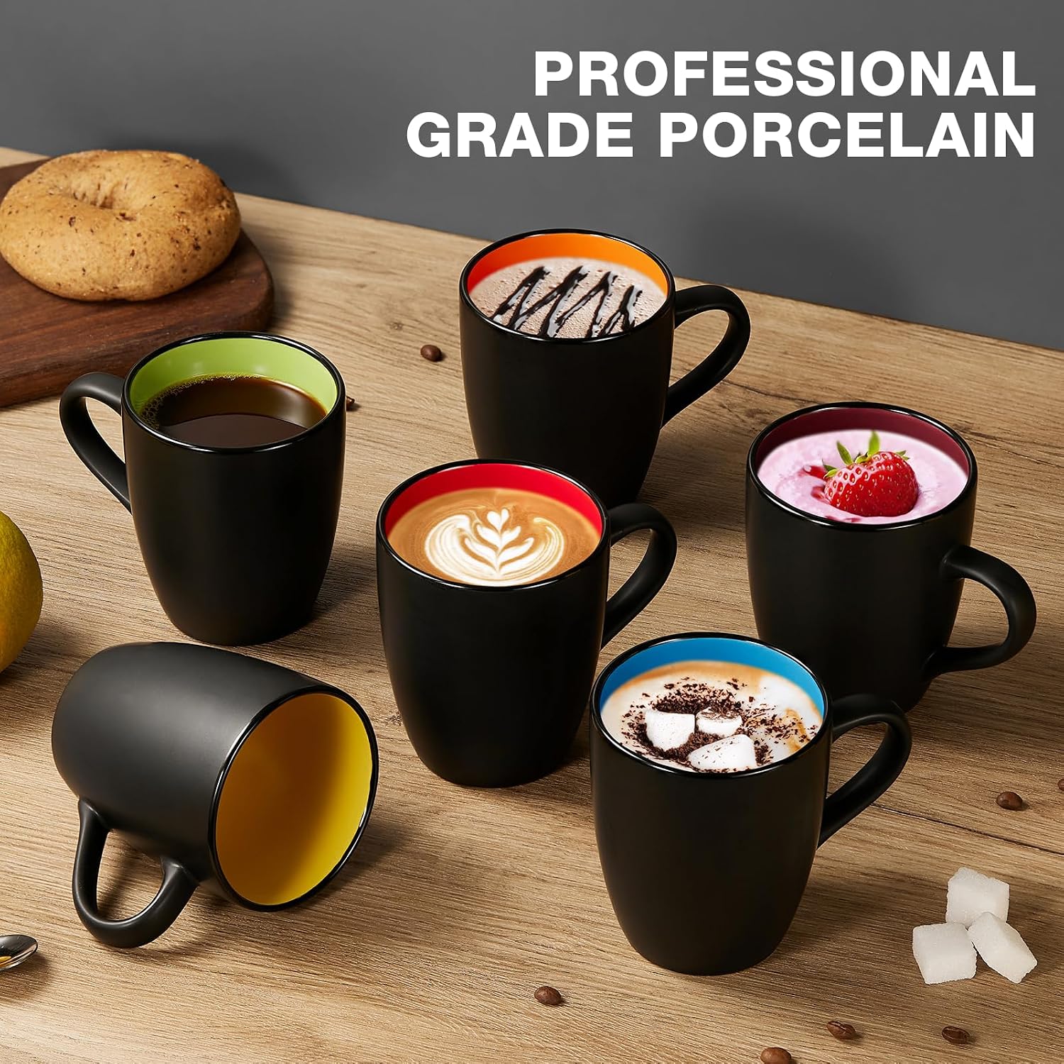 Qipecedm 6 Pack Porcelain Coffee Mugs Set, 12 Ounces Ceramic Coffee Mugs, Matte Black Coffee Mug, Restaurant Cups for Coffee, Tea, Cappuccino, Cocoa