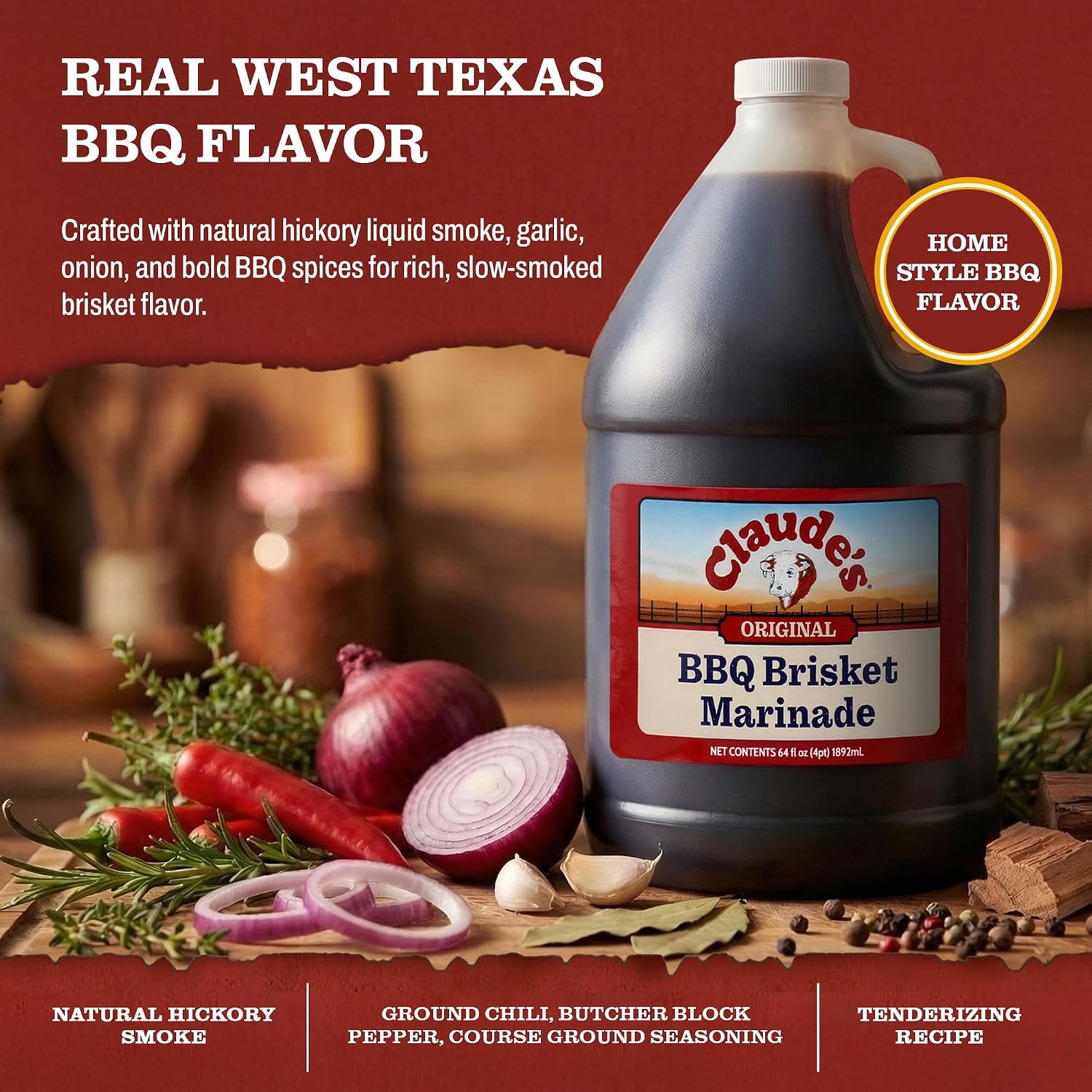 Claude's BBQ Brisket Marinade Sauce, Gluten Free Texas Style, 128 oz | Restaurant-size gallon of smoky Texas tenderizing brisket marinade - all natural & gluten free.