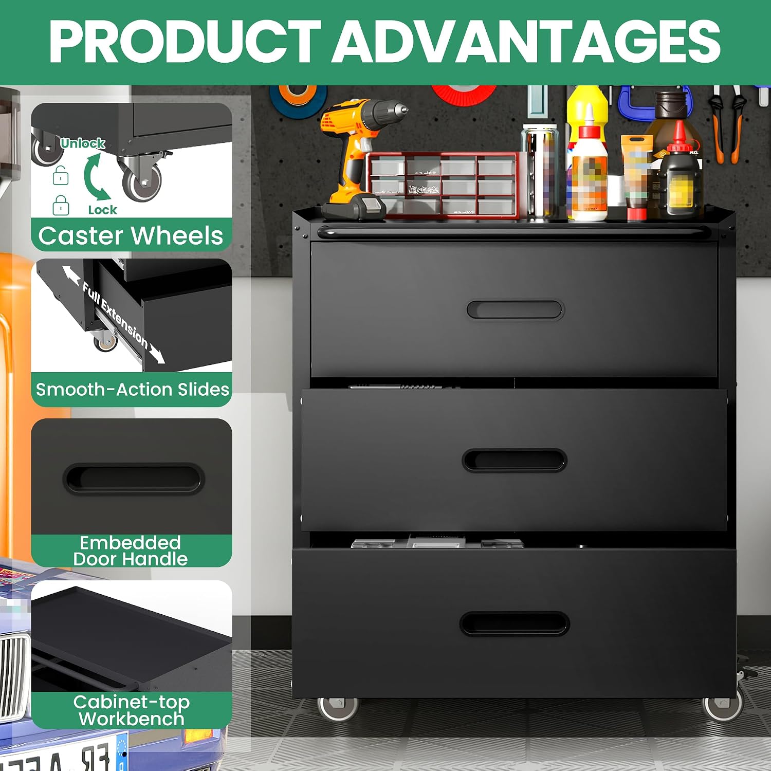 Garage Cabinets,Metal Garage Storage Cabinet with Wheels,Black Lockable Rolling Tool Cabinet with Drawer and Adjustable Shelves,Heavy Duty Tool Chest for Home Office Utility Room