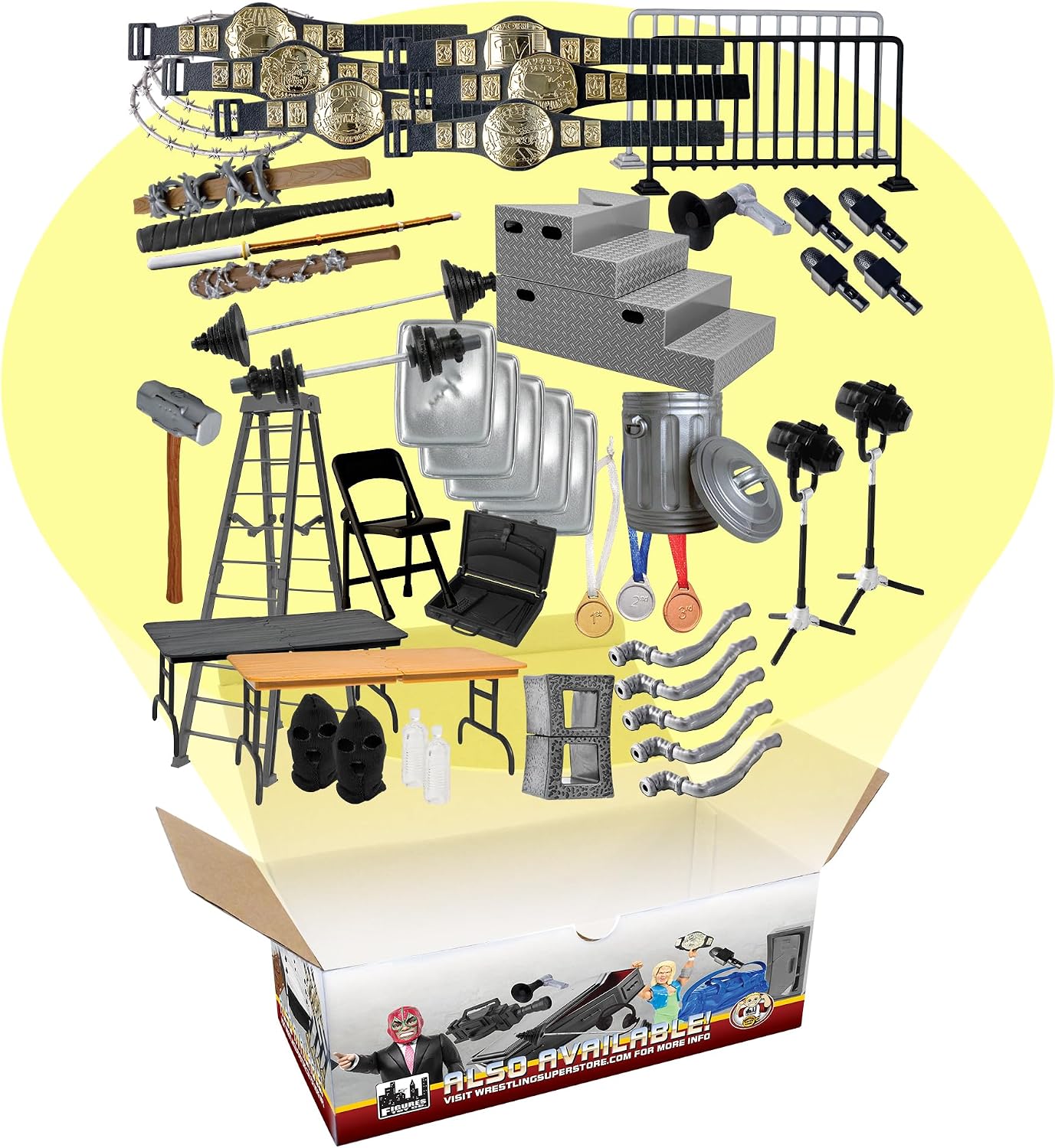 50 Piece Accessory Starter Kit for Wrestling Figures | Build an Entire Wrestling Figure Setup with 50 Accessories Including Tables, Belts, Ladders