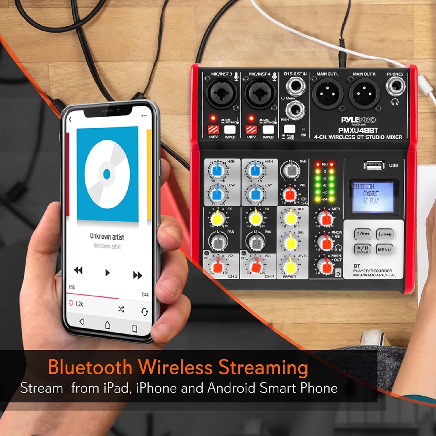 Pyle Studio Audio Sound Mixer Board - 4 Channel Bluetooth Compatible Professional Portable Digital DJ Mixing Console W/USB Mixer Audio Interface
